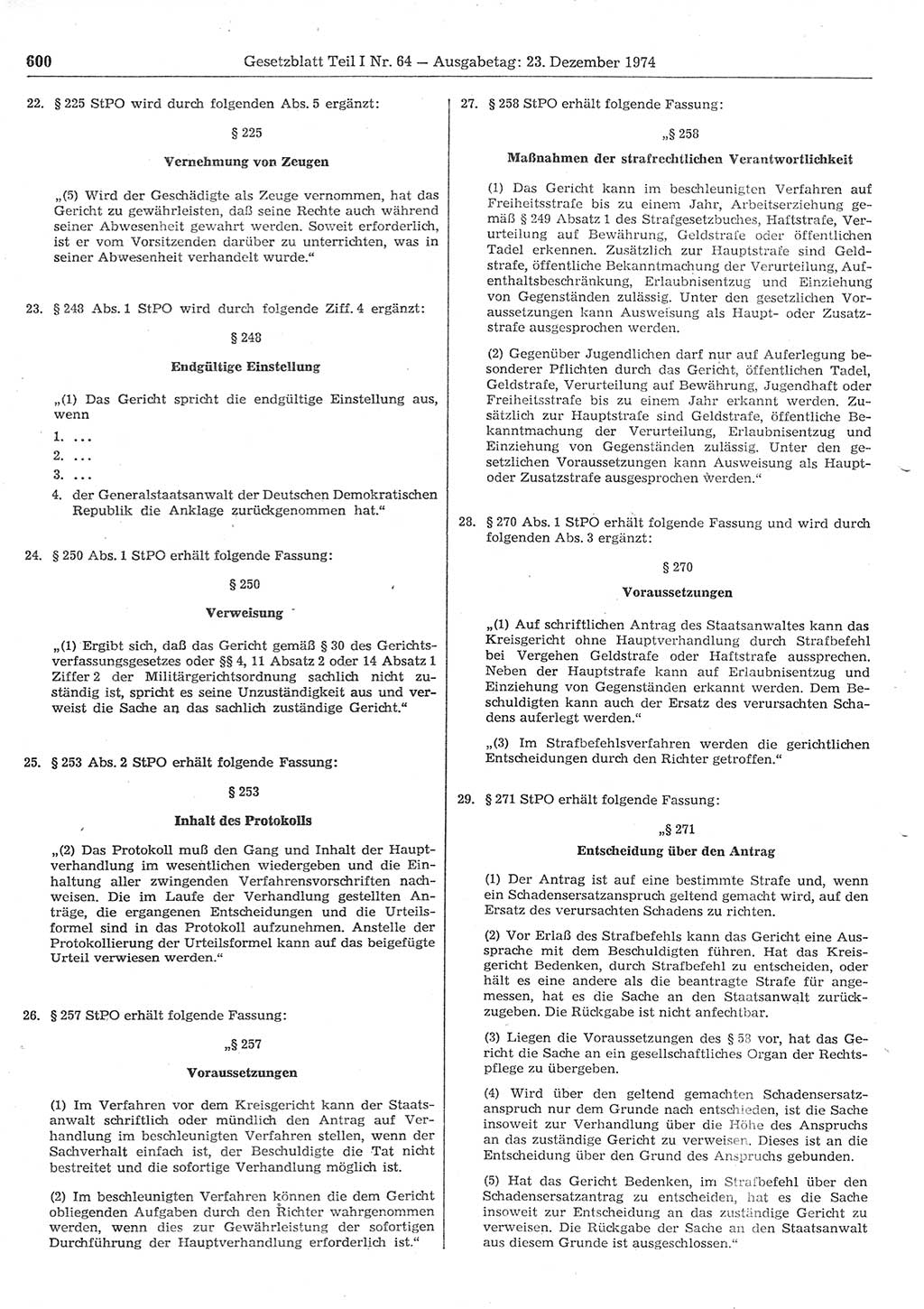 Gesetzblatt (GBl.) der Deutschen Demokratischen Republik (DDR) Teil Ⅰ 1974, Seite 600 (GBl. DDR Ⅰ 1974, S. 600)