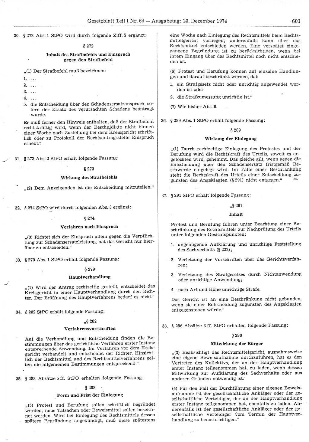 Gesetzblatt (GBl.) der Deutschen Demokratischen Republik (DDR) Teil Ⅰ 1974, Seite 601 (GBl. DDR Ⅰ 1974, S. 601)