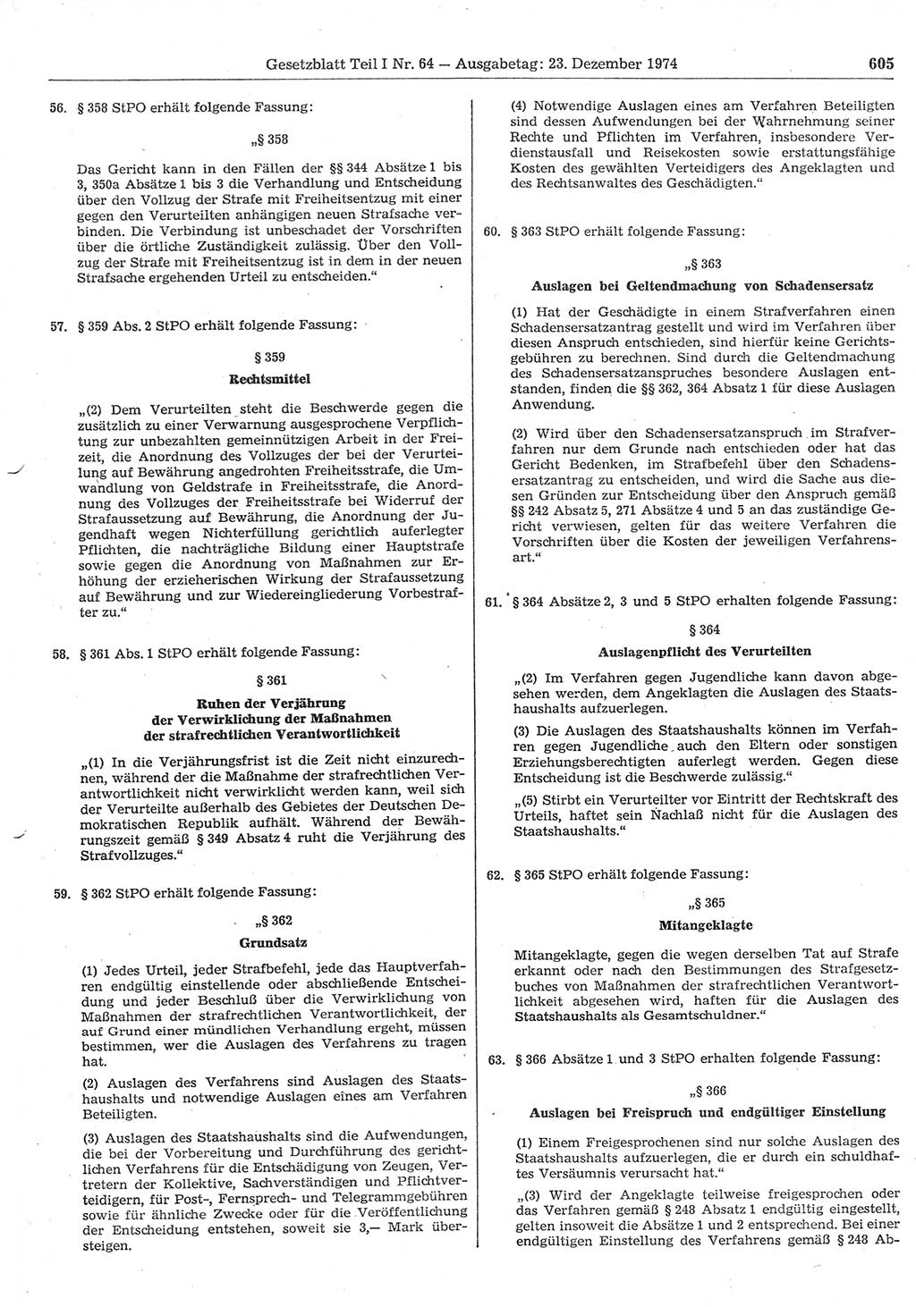 Gesetzblatt (GBl.) der Deutschen Demokratischen Republik (DDR) Teil Ⅰ 1974, Seite 605 (GBl. DDR Ⅰ 1974, S. 605)
