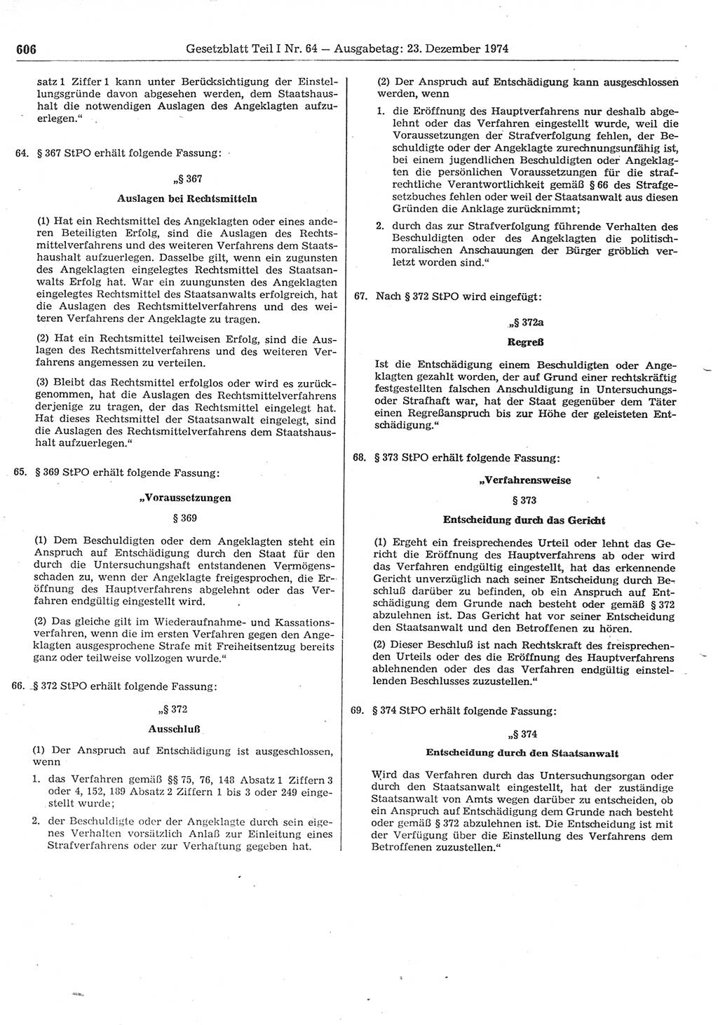 Gesetzblatt (GBl.) der Deutschen Demokratischen Republik (DDR) Teil Ⅰ 1974, Seite 606 (GBl. DDR Ⅰ 1974, S. 606)