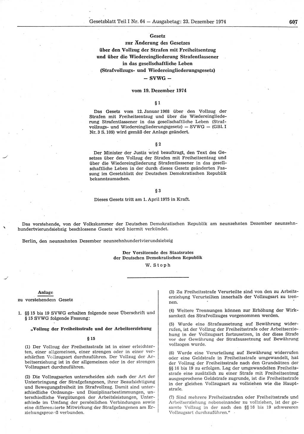Gesetzblatt (GBl.) der Deutschen Demokratischen Republik (DDR) Teil Ⅰ 1974, Seite 607 (GBl. DDR Ⅰ 1974, S. 607)