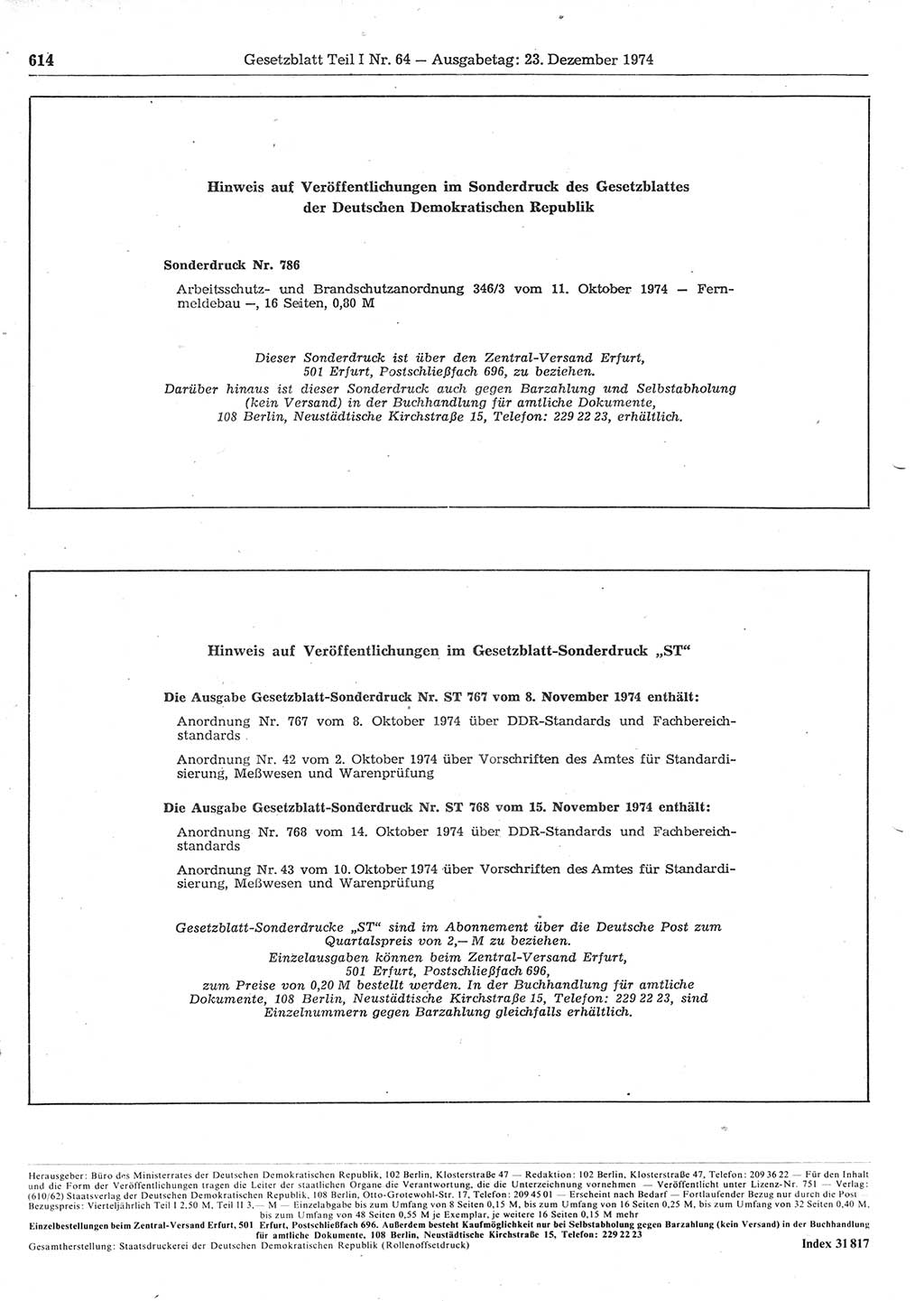 Gesetzblatt (GBl.) der Deutschen Demokratischen Republik (DDR) Teil Ⅰ 1974, Seite 614 (GBl. DDR Ⅰ 1974, S. 614)