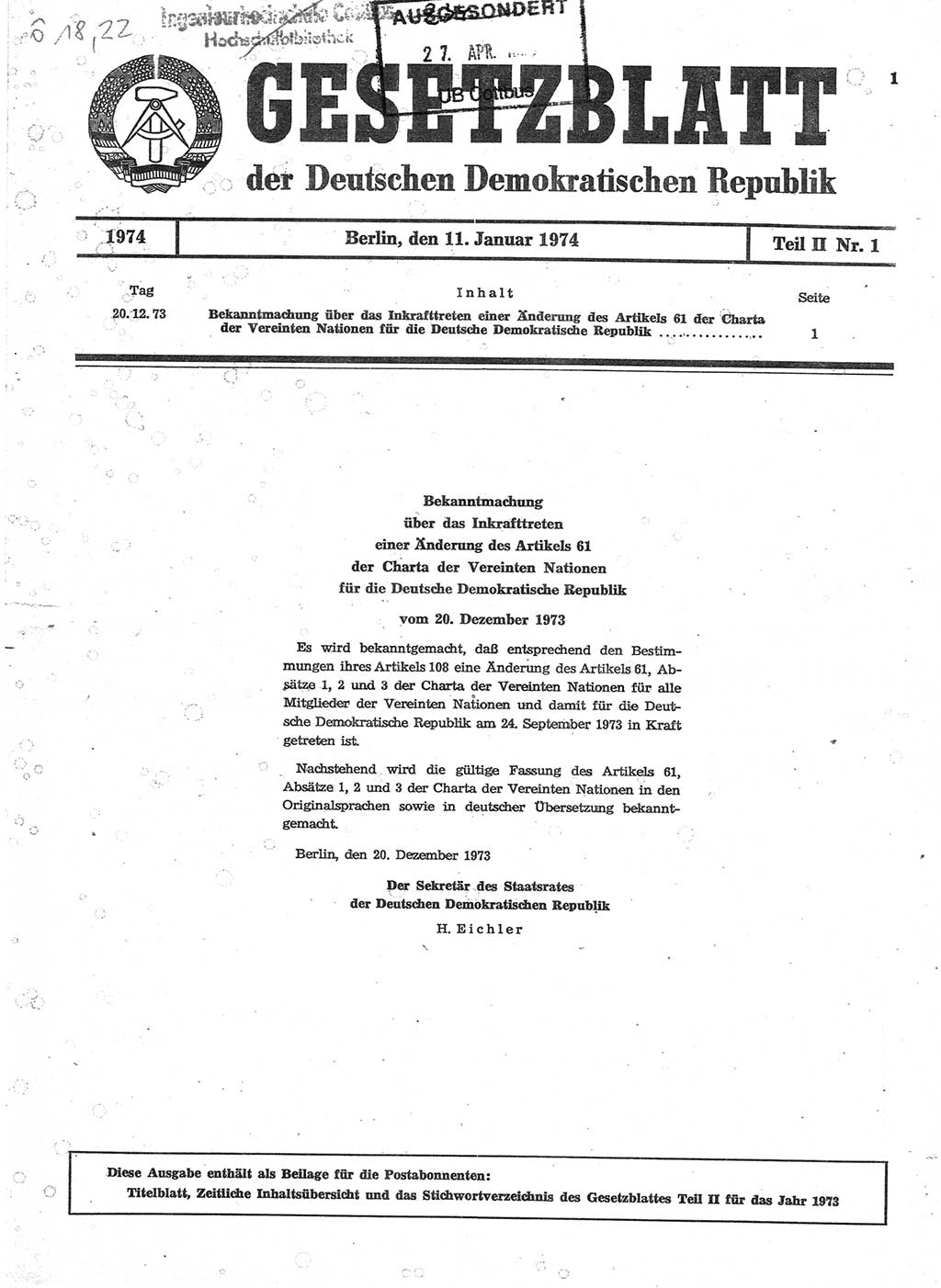 Gesetzblatt (GBl.) der Deutschen Demokratischen Republik (DDR) Teil ⅠⅠ 1974, Seite 1 (GBl. DDR ⅠⅠ 1974, S. 1)