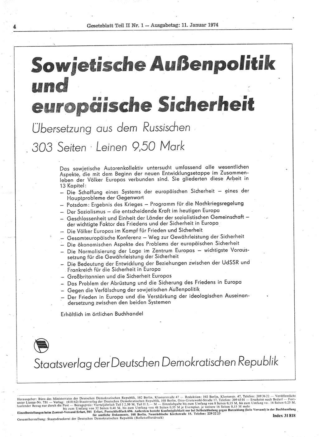 Gesetzblatt (GBl.) der Deutschen Demokratischen Republik (DDR) Teil ⅠⅠ 1974, Seite 4 (GBl. DDR ⅠⅠ 1974, S. 4)