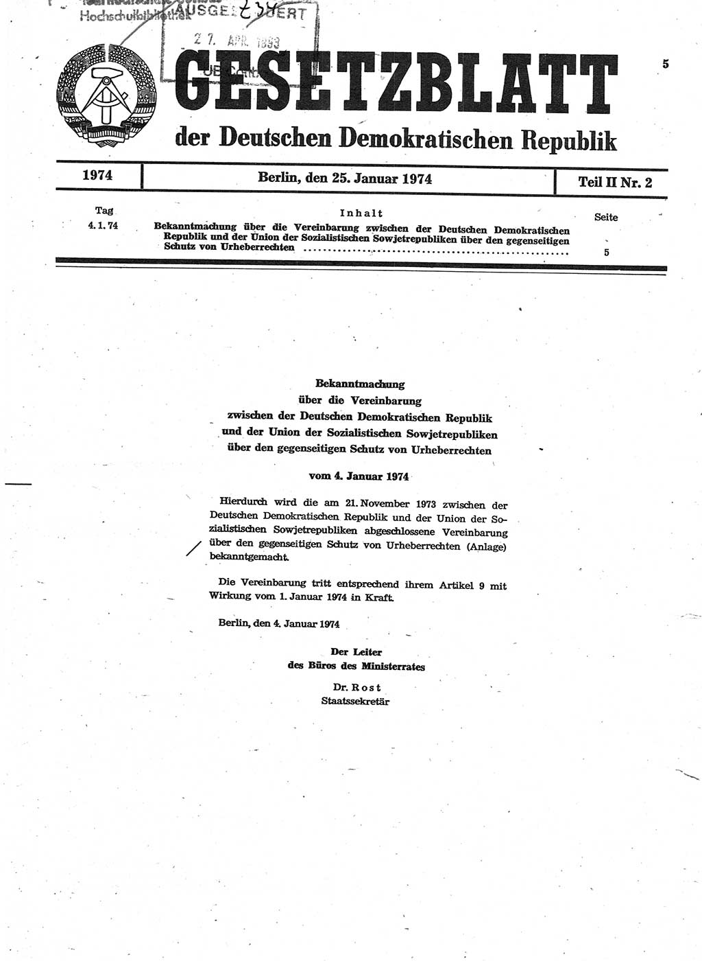 Gesetzblatt (GBl.) der Deutschen Demokratischen Republik (DDR) Teil ⅠⅠ 1974, Seite 5 (GBl. DDR ⅠⅠ 1974, S. 5)