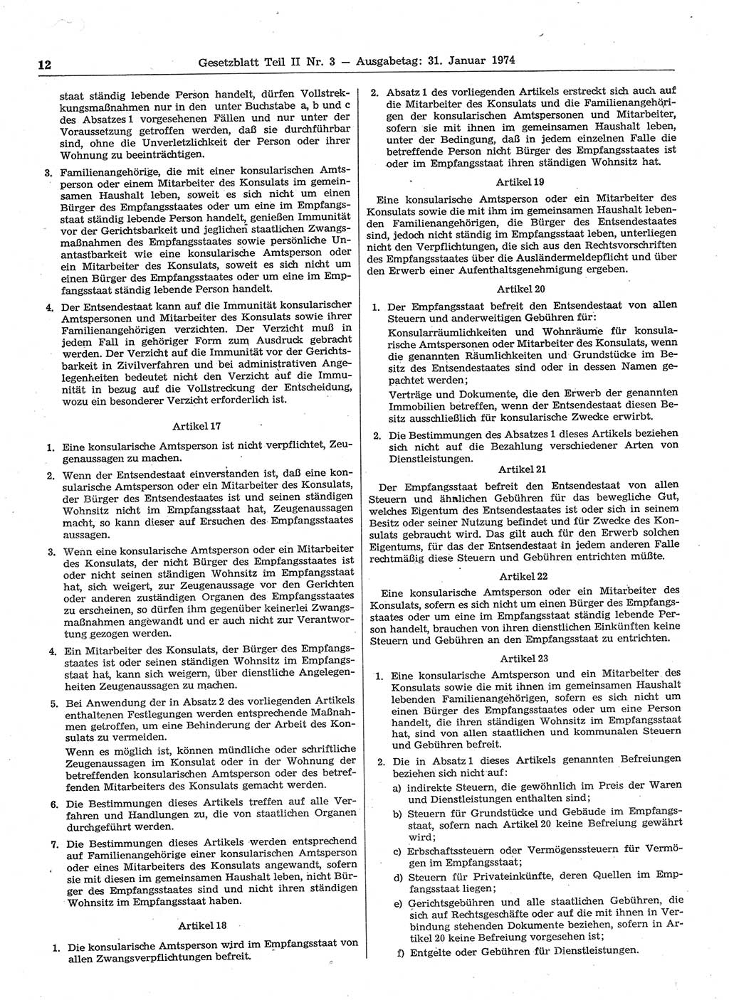 Gesetzblatt (GBl.) der Deutschen Demokratischen Republik (DDR) Teil ⅠⅠ 1974, Seite 12 (GBl. DDR ⅠⅠ 1974, S. 12)