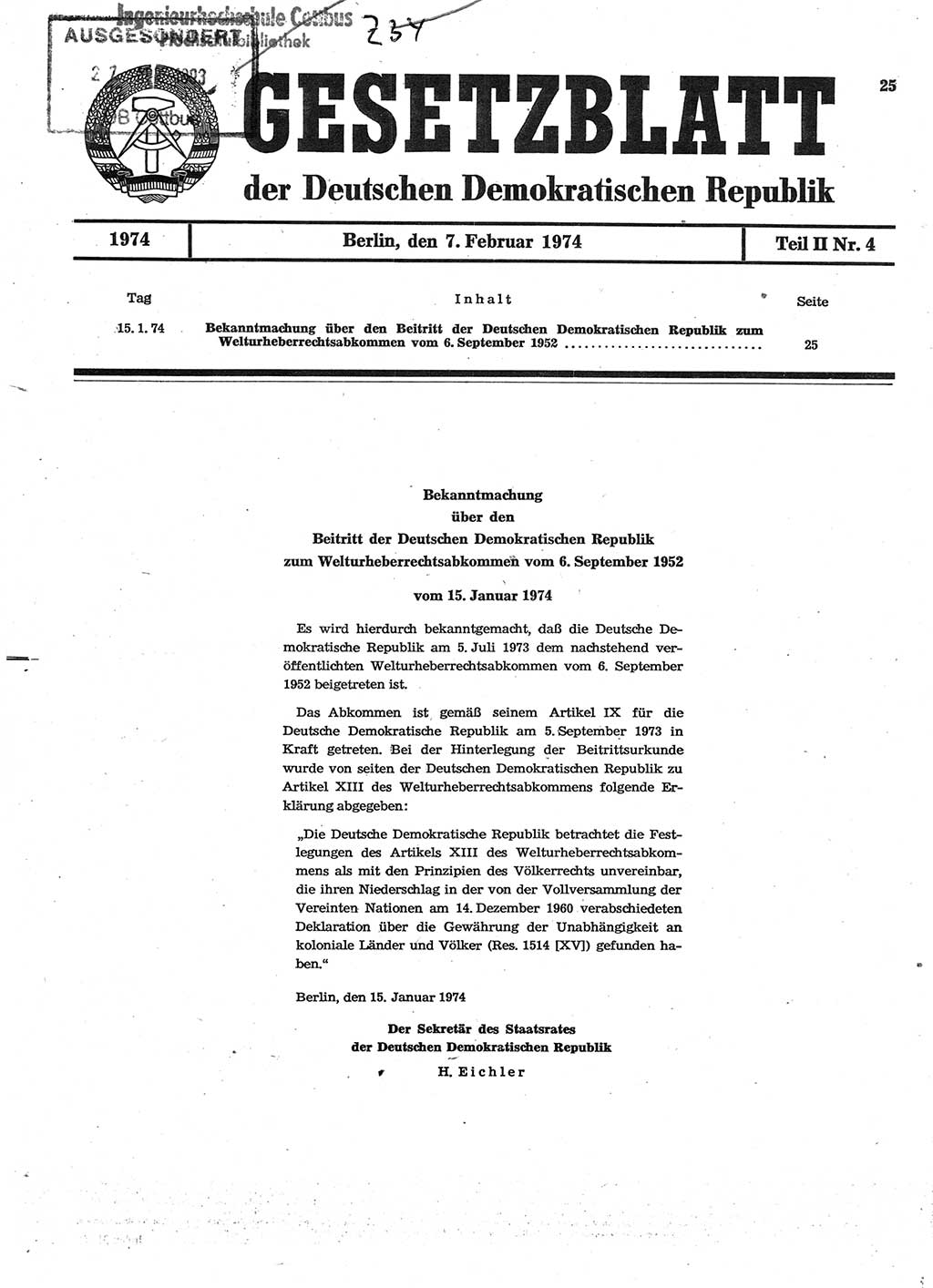 Gesetzblatt (GBl.) der Deutschen Demokratischen Republik (DDR) Teil ⅠⅠ 1974, Seite 25 (GBl. DDR ⅠⅠ 1974, S. 25)
