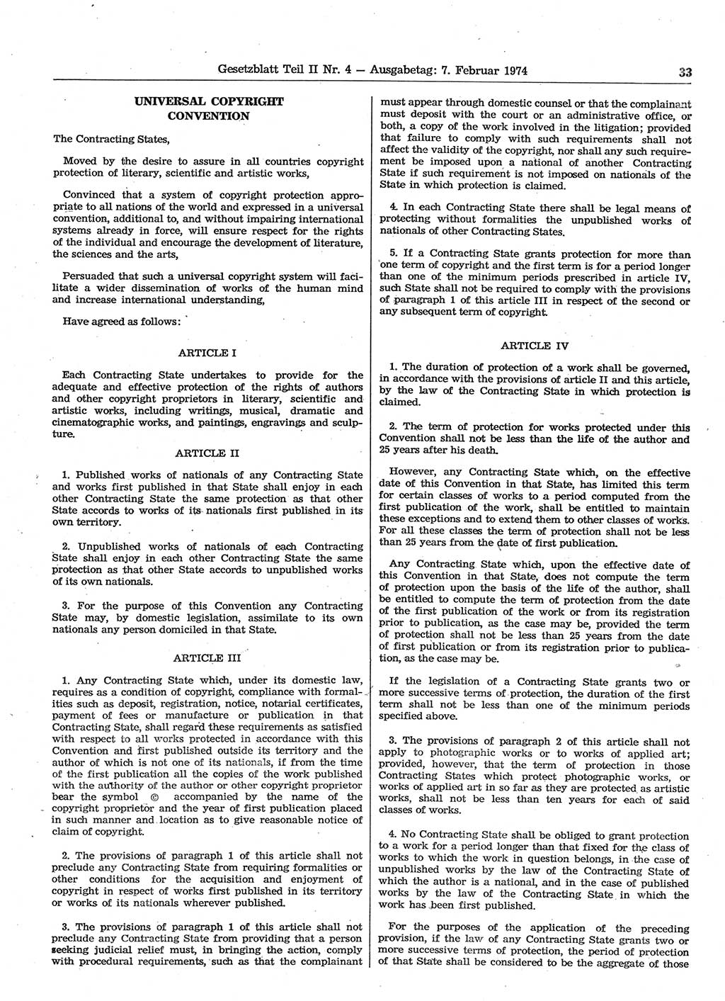 Gesetzblatt (GBl.) der Deutschen Demokratischen Republik (DDR) Teil ⅠⅠ 1974, Seite 33 (GBl. DDR ⅠⅠ 1974, S. 33)