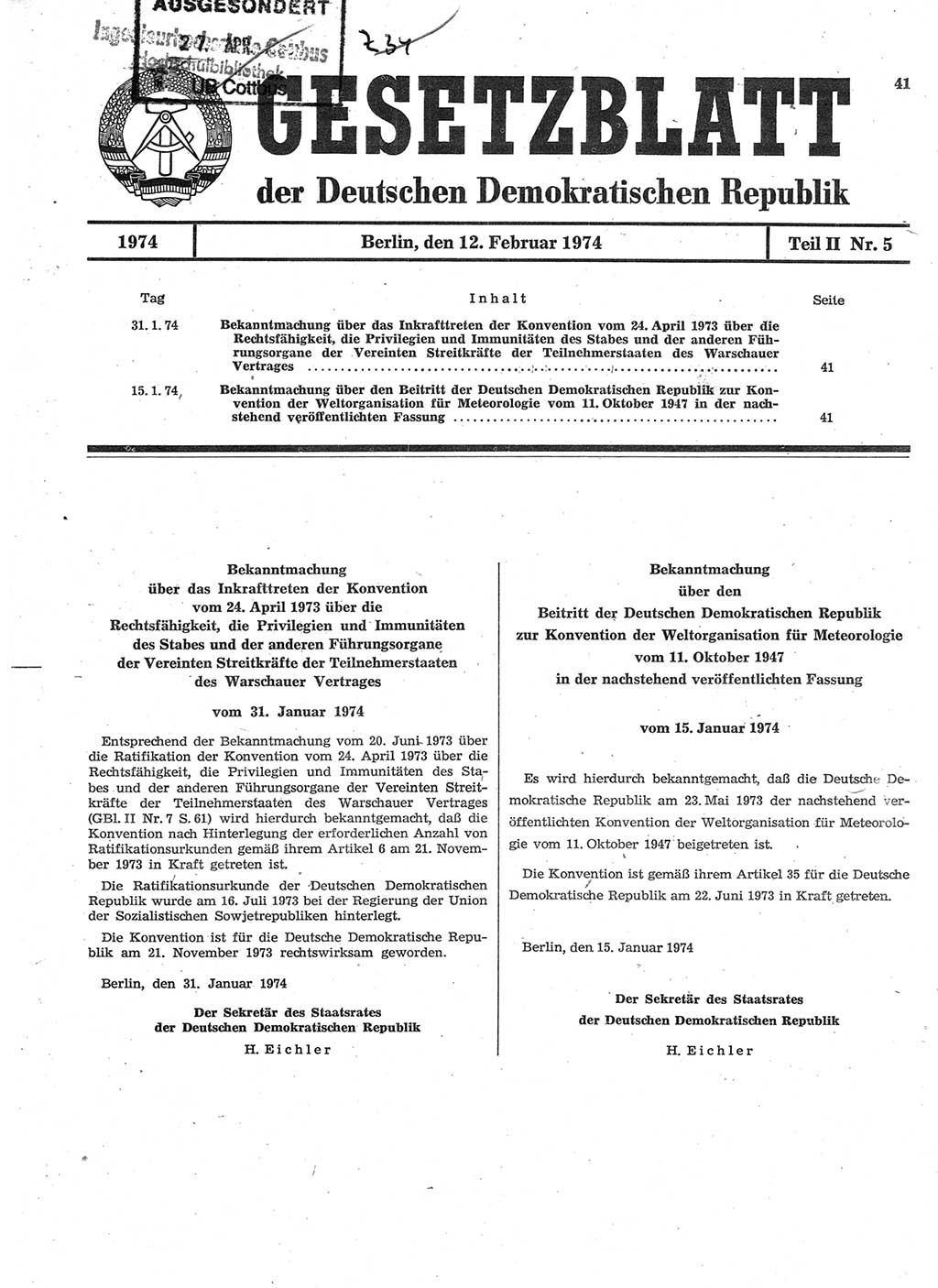 Gesetzblatt (GBl.) der Deutschen Demokratischen Republik (DDR) Teil ⅠⅠ 1974, Seite 41 (GBl. DDR ⅠⅠ 1974, S. 41)