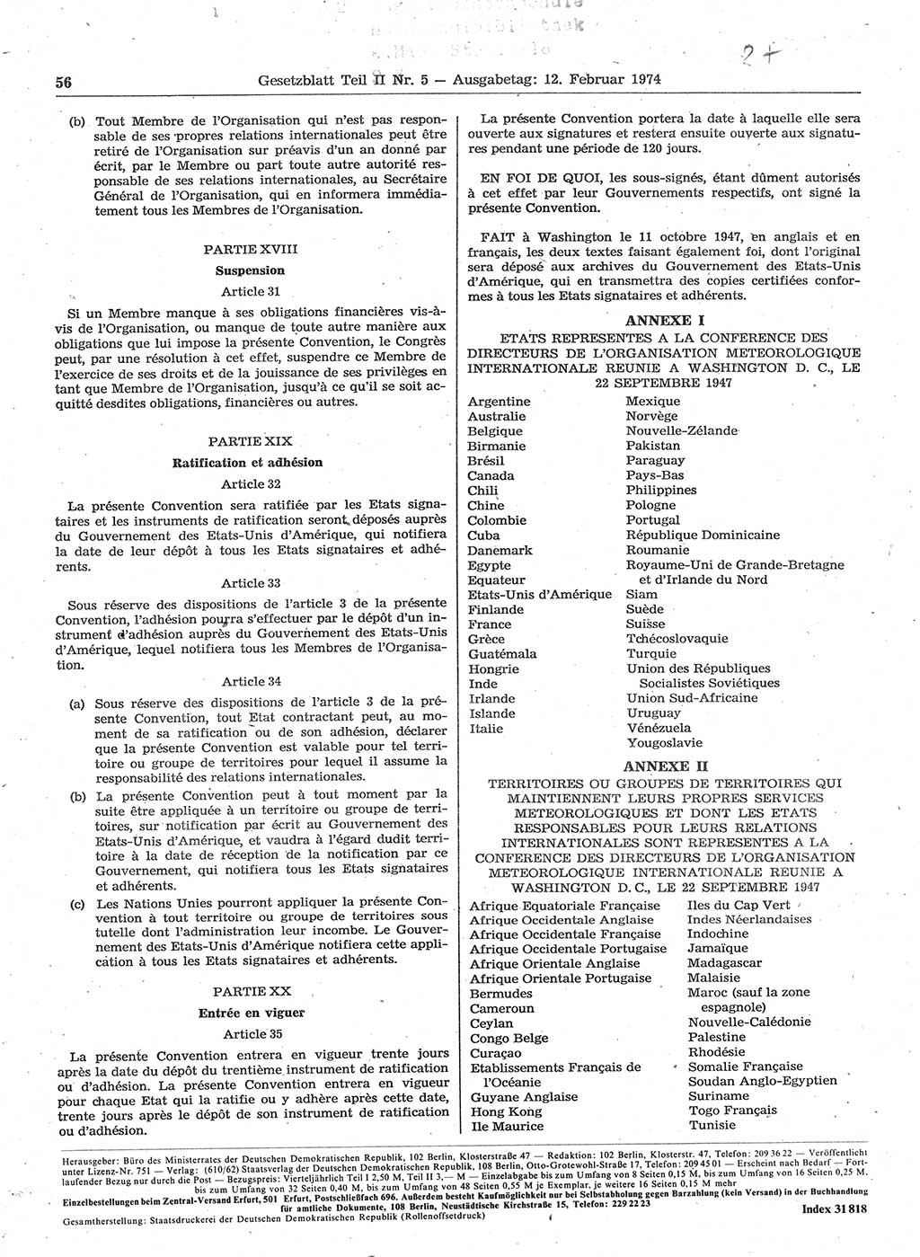 Gesetzblatt (GBl.) der Deutschen Demokratischen Republik (DDR) Teil ⅠⅠ 1974, Seite 56 (GBl. DDR ⅠⅠ 1974, S. 56)