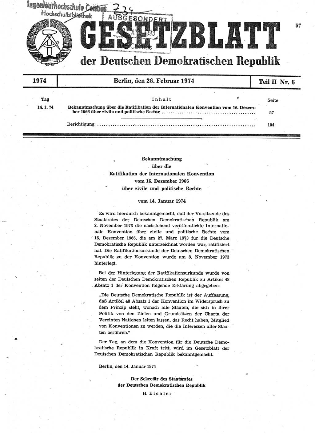 Gesetzblatt (GBl.) der Deutschen Demokratischen Republik (DDR) Teil ⅠⅠ 1974, Seite 57 (GBl. DDR ⅠⅠ 1974, S. 57)