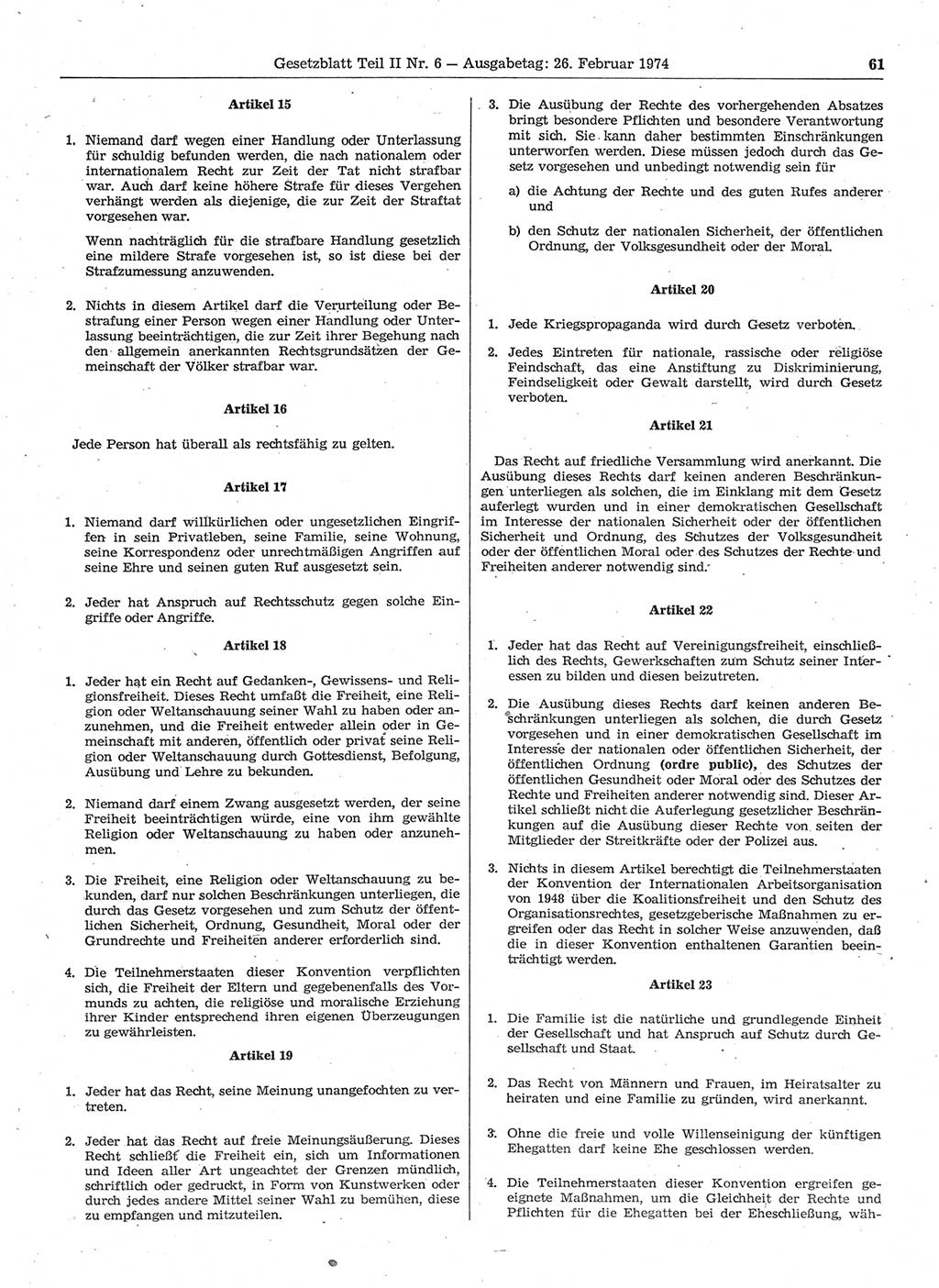 Gesetzblatt (GBl.) der Deutschen Demokratischen Republik (DDR) Teil ⅠⅠ 1974, Seite 61 (GBl. DDR ⅠⅠ 1974, S. 61)