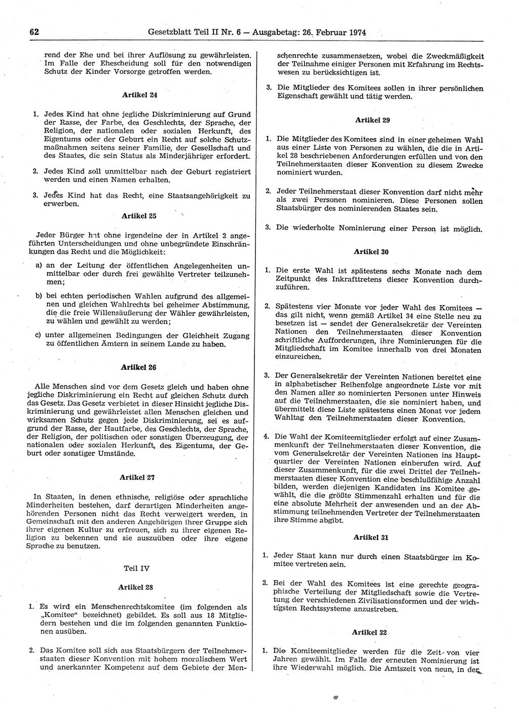 Gesetzblatt (GBl.) der Deutschen Demokratischen Republik (DDR) Teil ⅠⅠ 1974, Seite 62 (GBl. DDR ⅠⅠ 1974, S. 62)