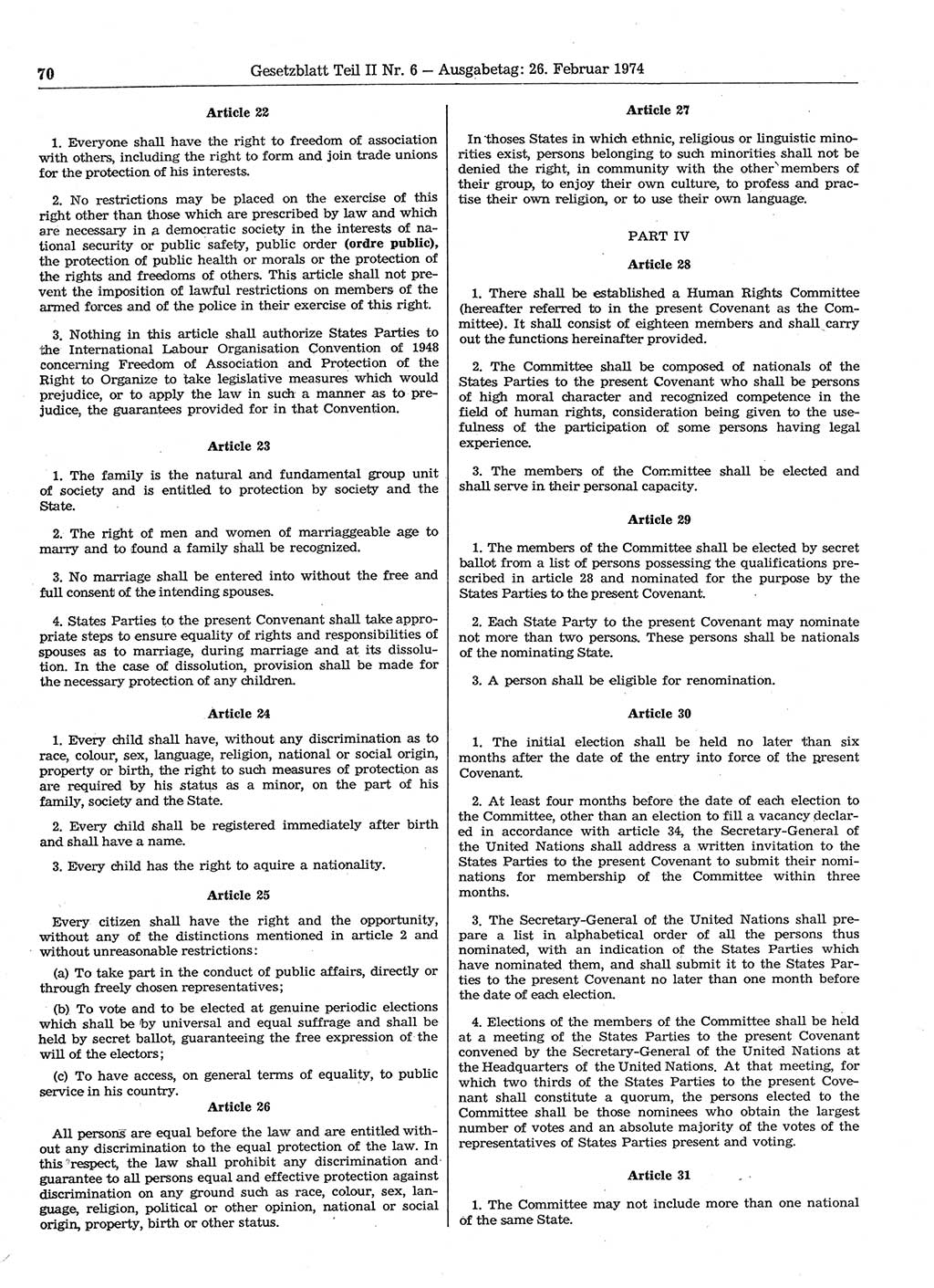 Gesetzblatt (GBl.) der Deutschen Demokratischen Republik (DDR) Teil ⅠⅠ 1974, Seite 70 (GBl. DDR ⅠⅠ 1974, S. 70)