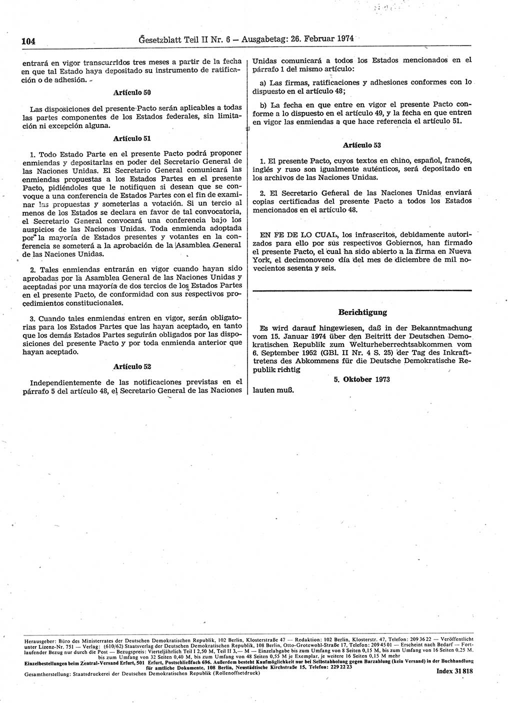 Gesetzblatt (GBl.) der Deutschen Demokratischen Republik (DDR) Teil ⅠⅠ 1974, Seite 104 (GBl. DDR ⅠⅠ 1974, S. 104)