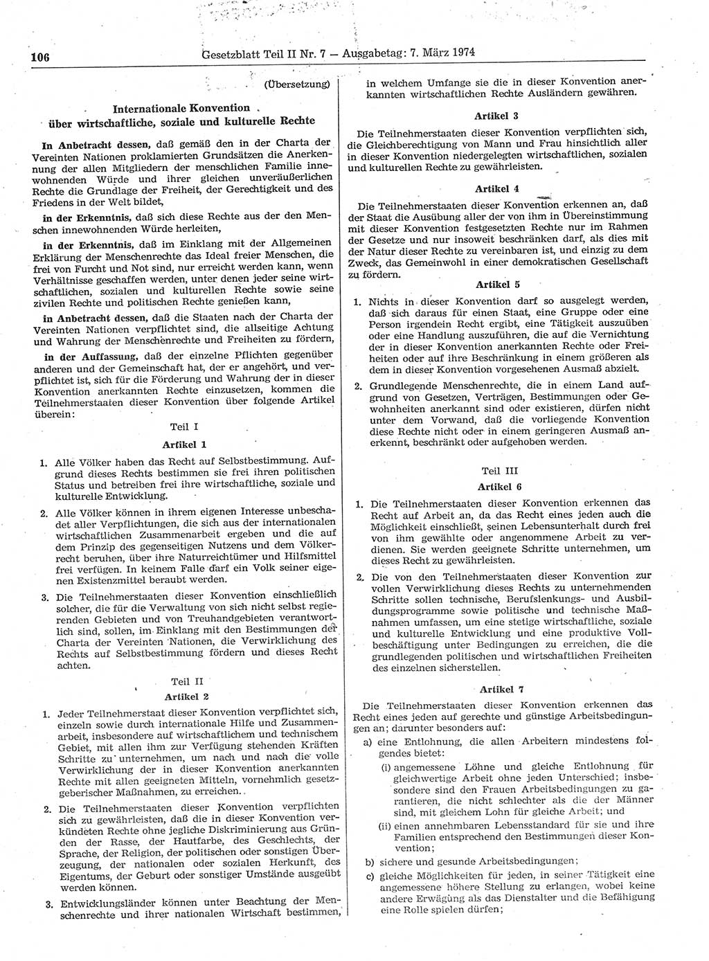 Gesetzblatt (GBl.) der Deutschen Demokratischen Republik (DDR) Teil ⅠⅠ 1974, Seite 106 (GBl. DDR ⅠⅠ 1974, S. 106)