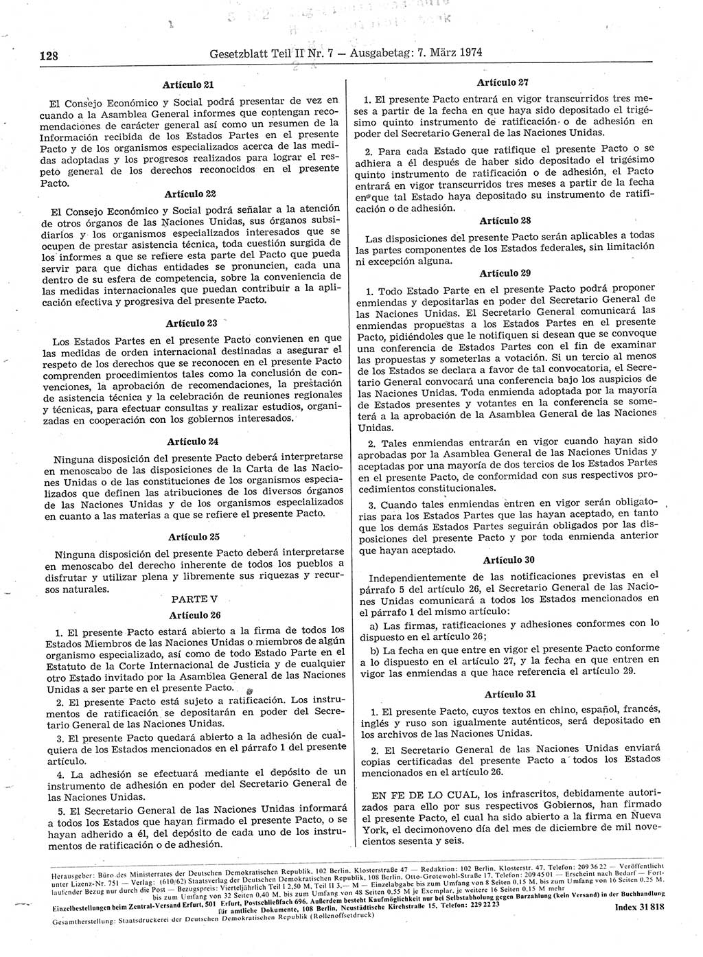 Gesetzblatt (GBl.) der Deutschen Demokratischen Republik (DDR) Teil ⅠⅠ 1974, Seite 128 (GBl. DDR ⅠⅠ 1974, S. 128)