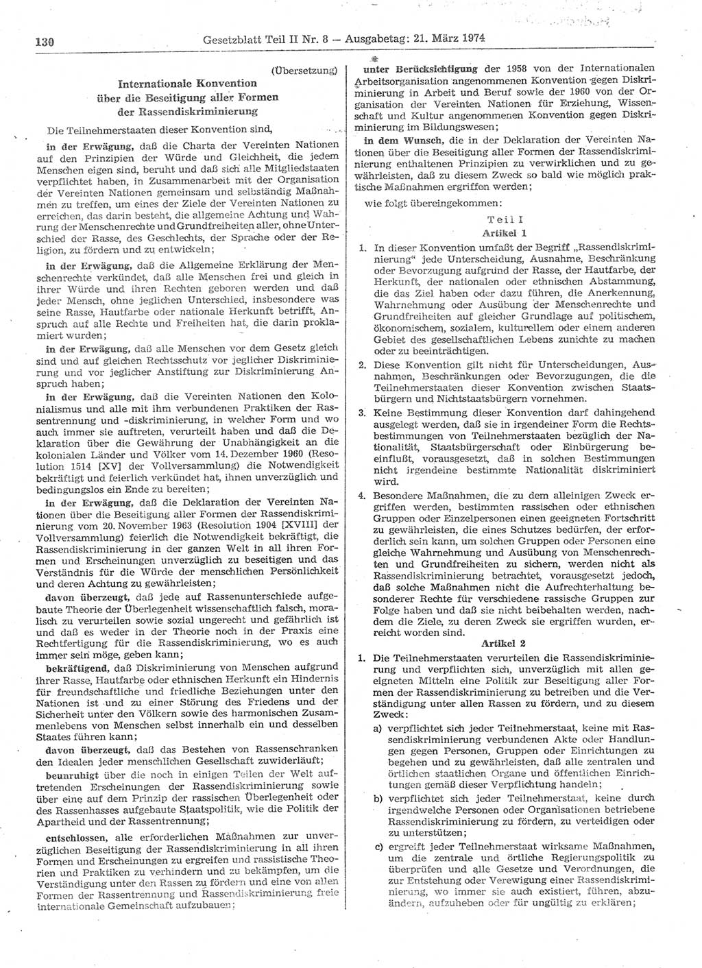 Gesetzblatt (GBl.) der Deutschen Demokratischen Republik (DDR) Teil ⅠⅠ 1974, Seite 130 (GBl. DDR ⅠⅠ 1974, S. 130)