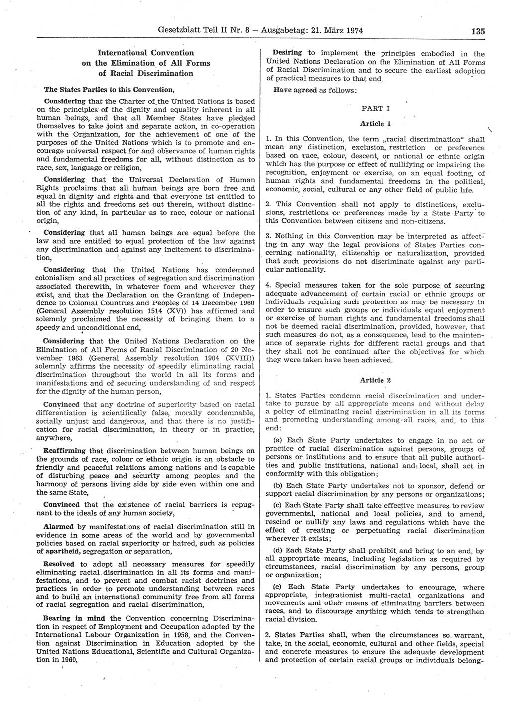 Gesetzblatt (GBl.) der Deutschen Demokratischen Republik (DDR) Teil ⅠⅠ 1974, Seite 135 (GBl. DDR ⅠⅠ 1974, S. 135)