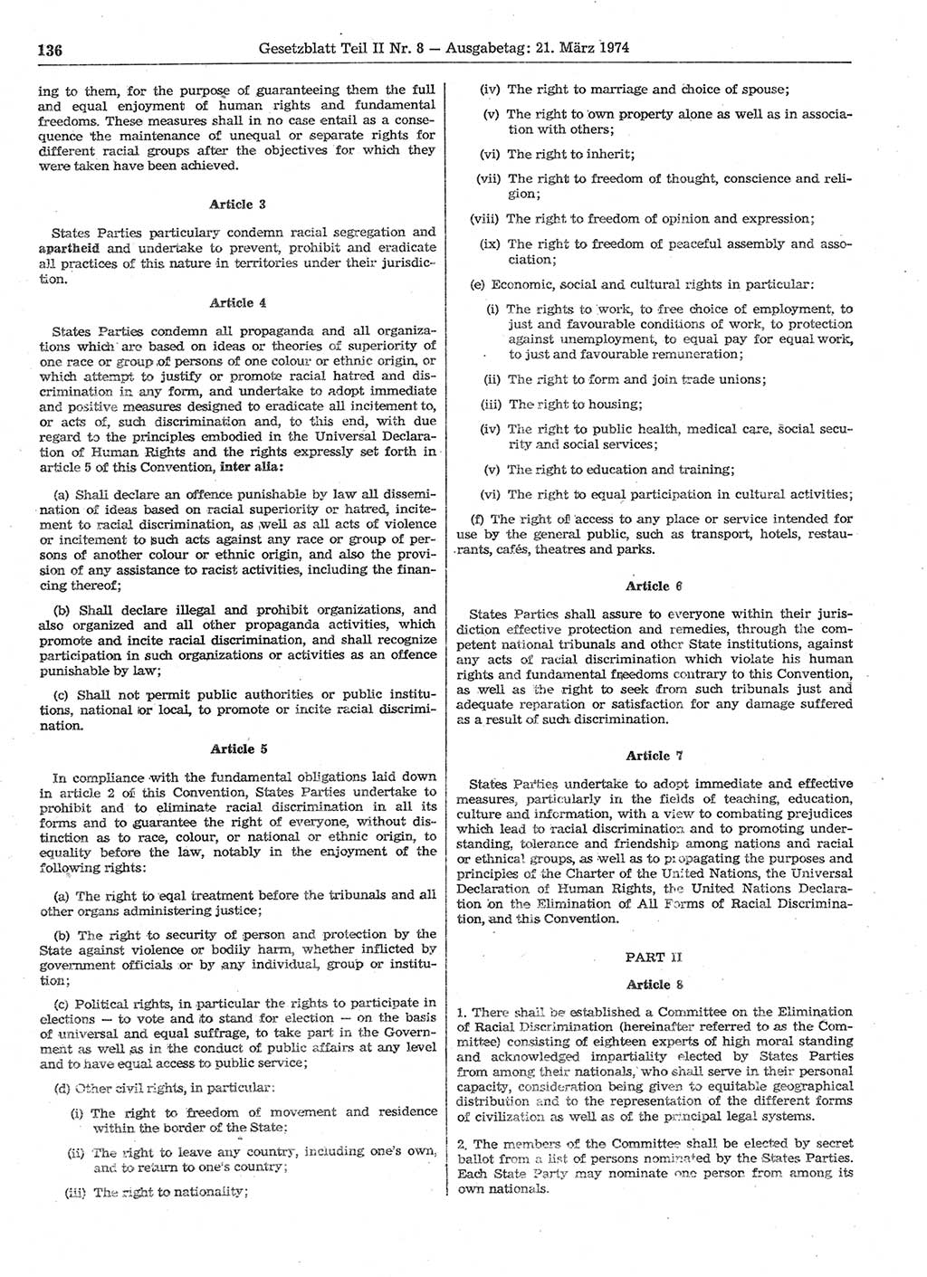 Gesetzblatt (GBl.) der Deutschen Demokratischen Republik (DDR) Teil ⅠⅠ 1974, Seite 136 (GBl. DDR ⅠⅠ 1974, S. 136)