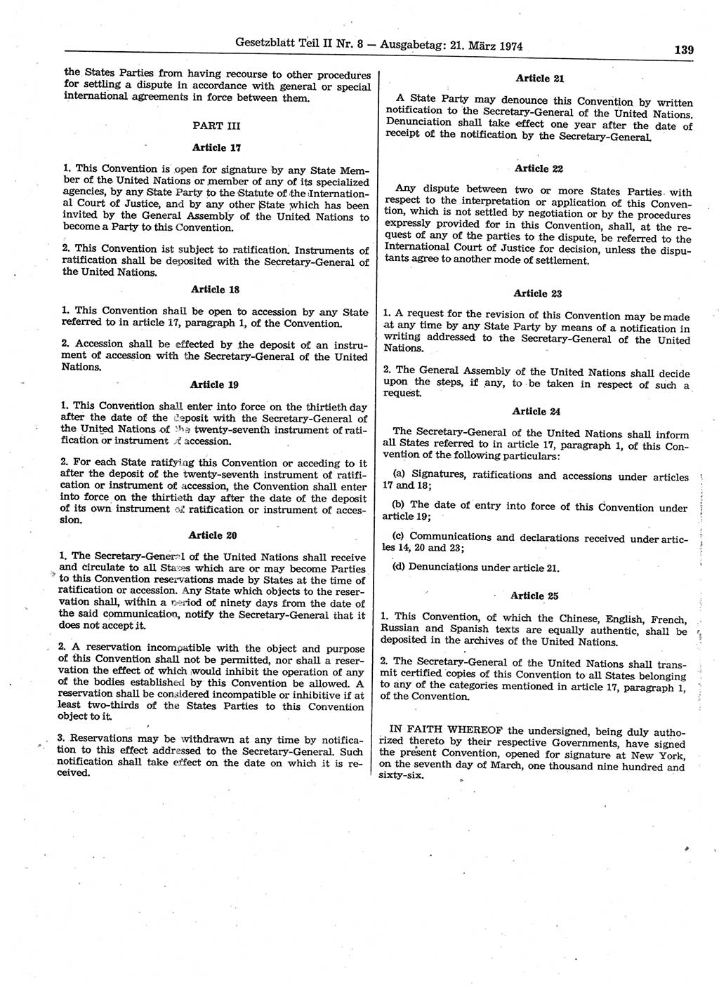 Gesetzblatt (GBl.) der Deutschen Demokratischen Republik (DDR) Teil ⅠⅠ 1974, Seite 139 (GBl. DDR ⅠⅠ 1974, S. 139)