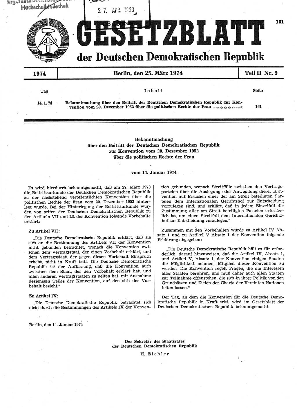 Gesetzblatt (GBl.) der Deutschen Demokratischen Republik (DDR) Teil ⅠⅠ 1974, Seite 161 (GBl. DDR ⅠⅠ 1974, S. 161)
