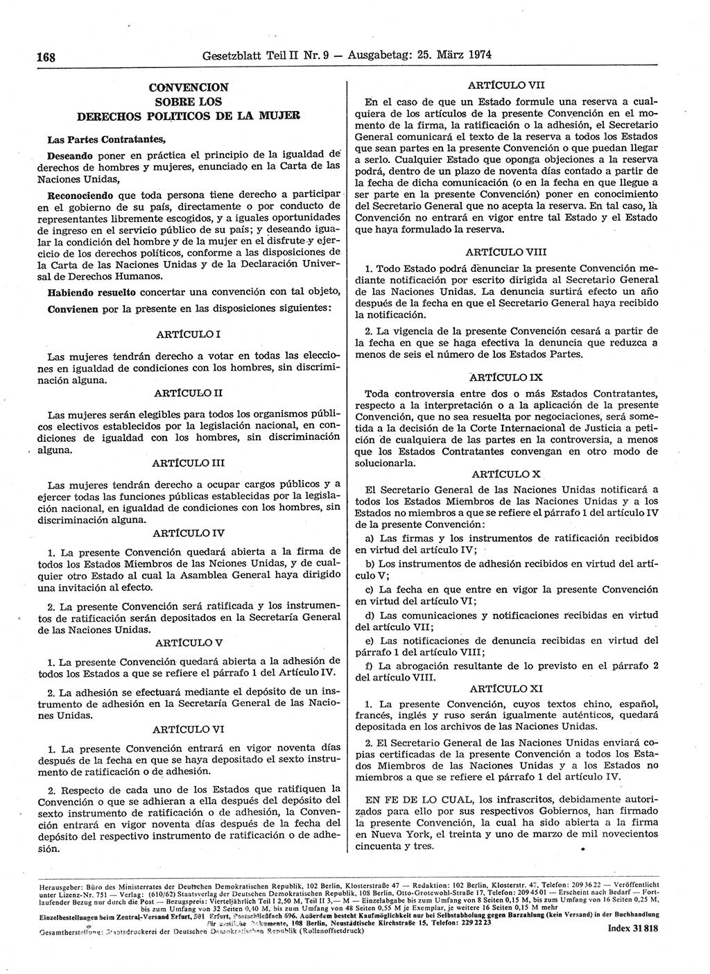 Gesetzblatt (GBl.) der Deutschen Demokratischen Republik (DDR) Teil ⅠⅠ 1974, Seite 168 (GBl. DDR ⅠⅠ 1974, S. 168)