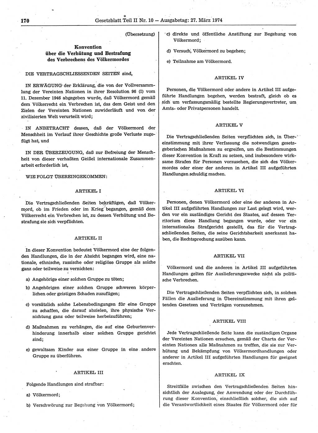 Gesetzblatt (GBl.) der Deutschen Demokratischen Republik (DDR) Teil ⅠⅠ 1974, Seite 170 (GBl. DDR ⅠⅠ 1974, S. 170)