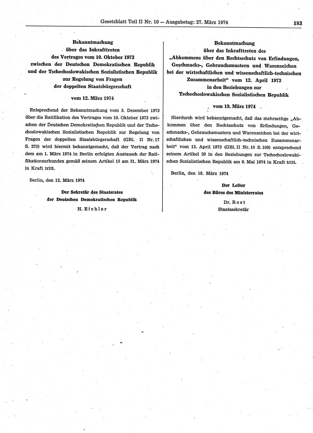 Gesetzblatt (GBl.) der Deutschen Demokratischen Republik (DDR) Teil ⅠⅠ 1974, Seite 183 (GBl. DDR ⅠⅠ 1974, S. 183)