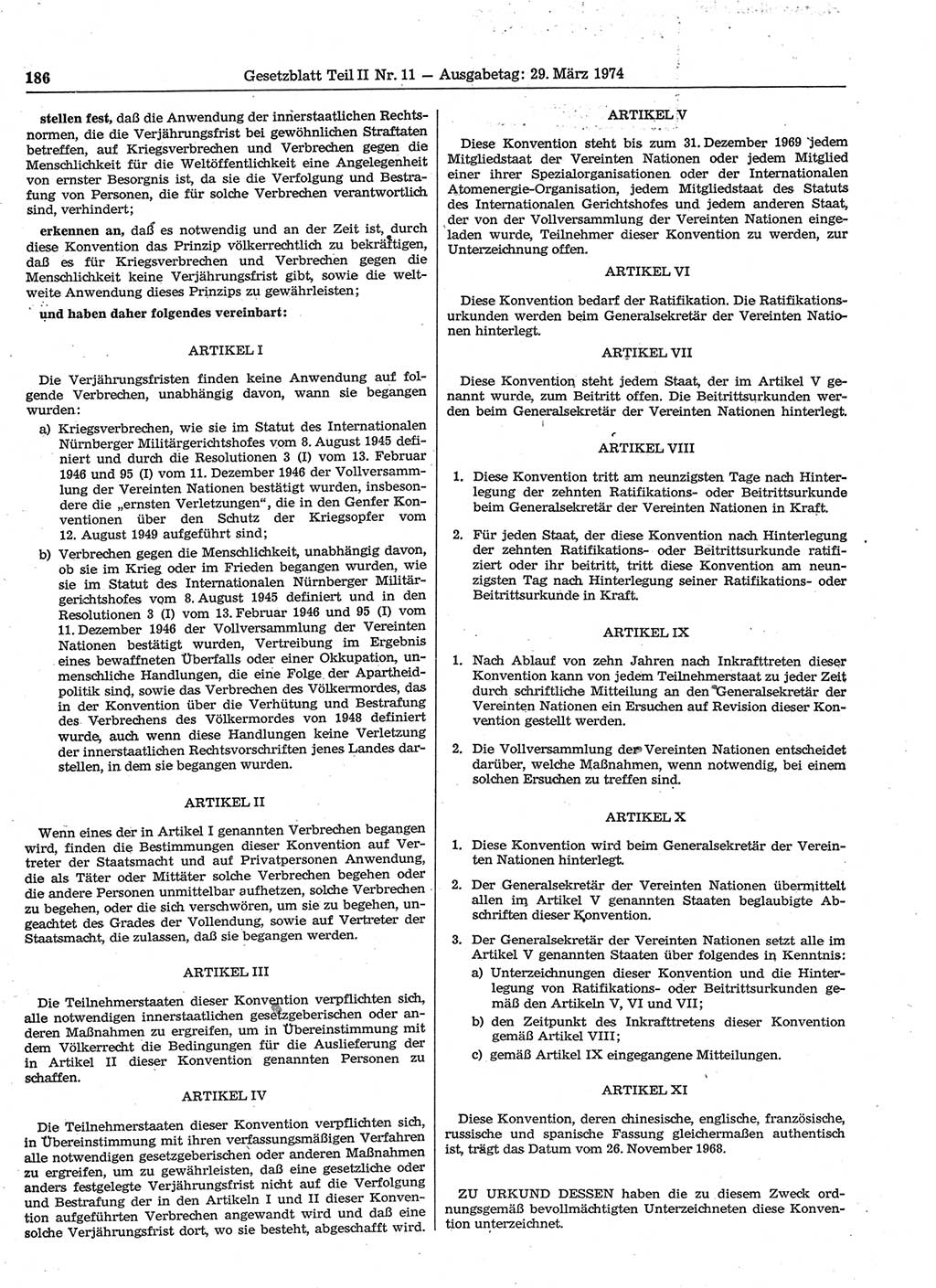 Gesetzblatt (GBl.) der Deutschen Demokratischen Republik (DDR) Teil ⅠⅠ 1974, Seite 186 (GBl. DDR ⅠⅠ 1974, S. 186)