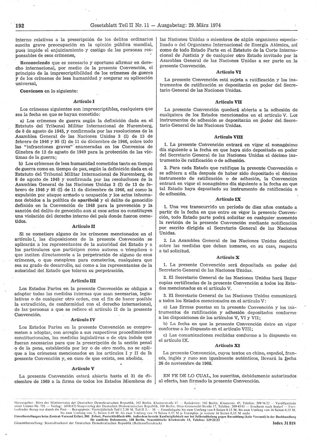 Gesetzblatt (GBl.) der Deutschen Demokratischen Republik (DDR) Teil ⅠⅠ 1974, Seite 192 (GBl. DDR ⅠⅠ 1974, S. 192)