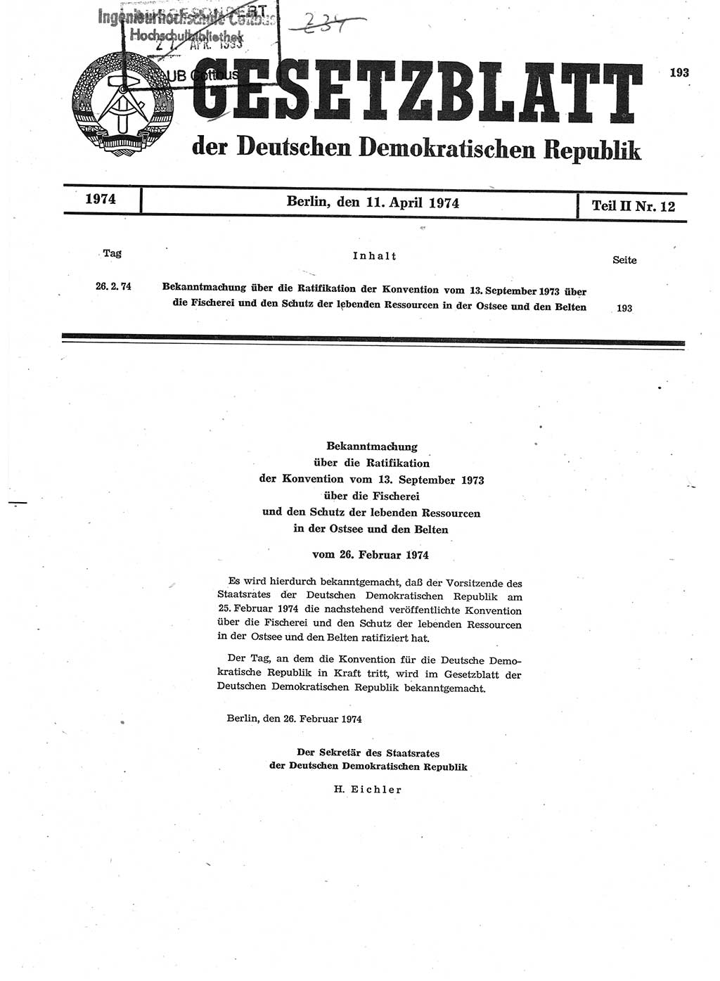 Gesetzblatt (GBl.) der Deutschen Demokratischen Republik (DDR) Teil ⅠⅠ 1974, Seite 193 (GBl. DDR ⅠⅠ 1974, S. 193)