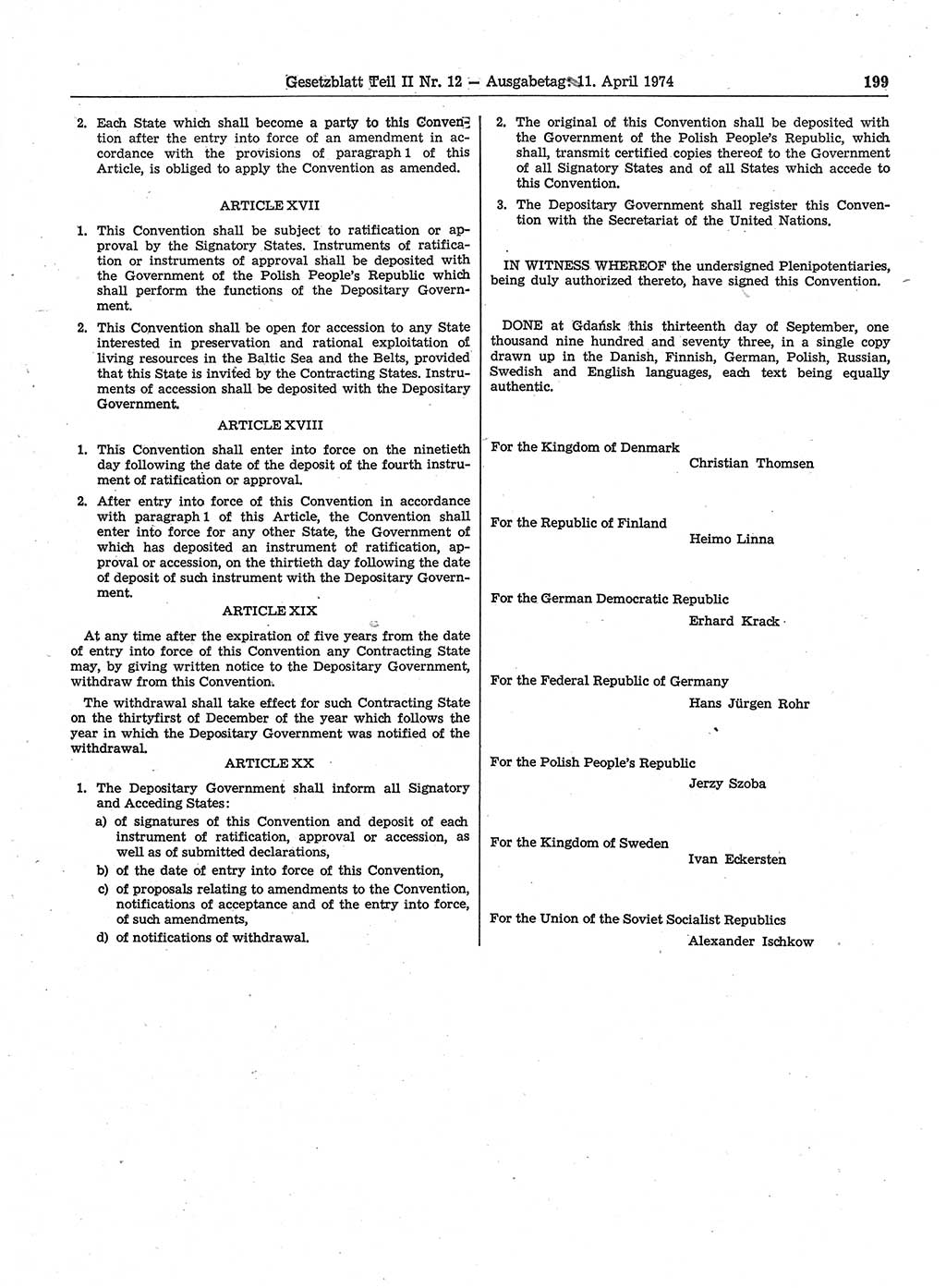 Gesetzblatt (GBl.) der Deutschen Demokratischen Republik (DDR) Teil ⅠⅠ 1974, Seite 199 (GBl. DDR ⅠⅠ 1974, S. 199)