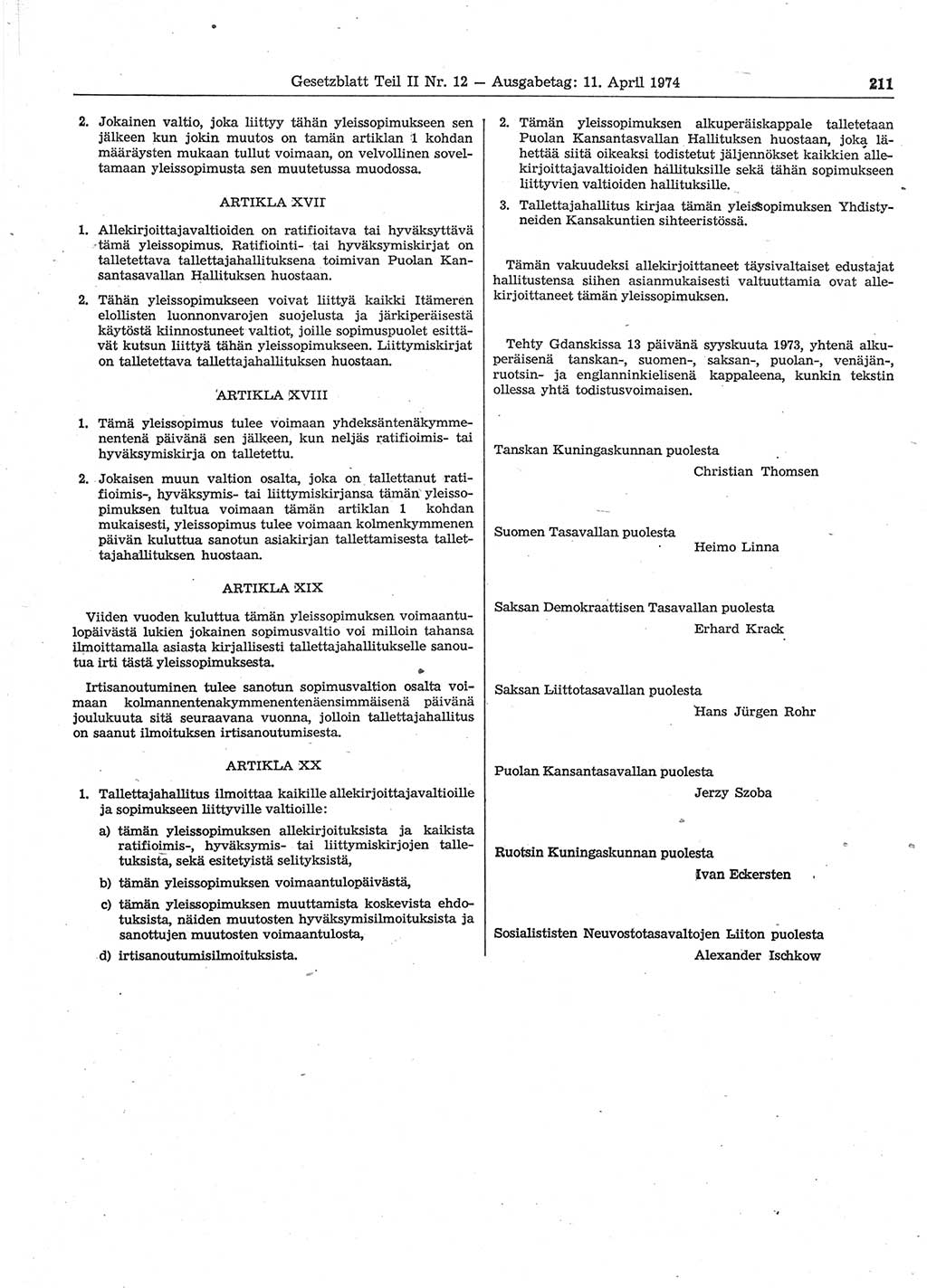 Gesetzblatt (GBl.) der Deutschen Demokratischen Republik (DDR) Teil ⅠⅠ 1974, Seite 211 (GBl. DDR ⅠⅠ 1974, S. 211)