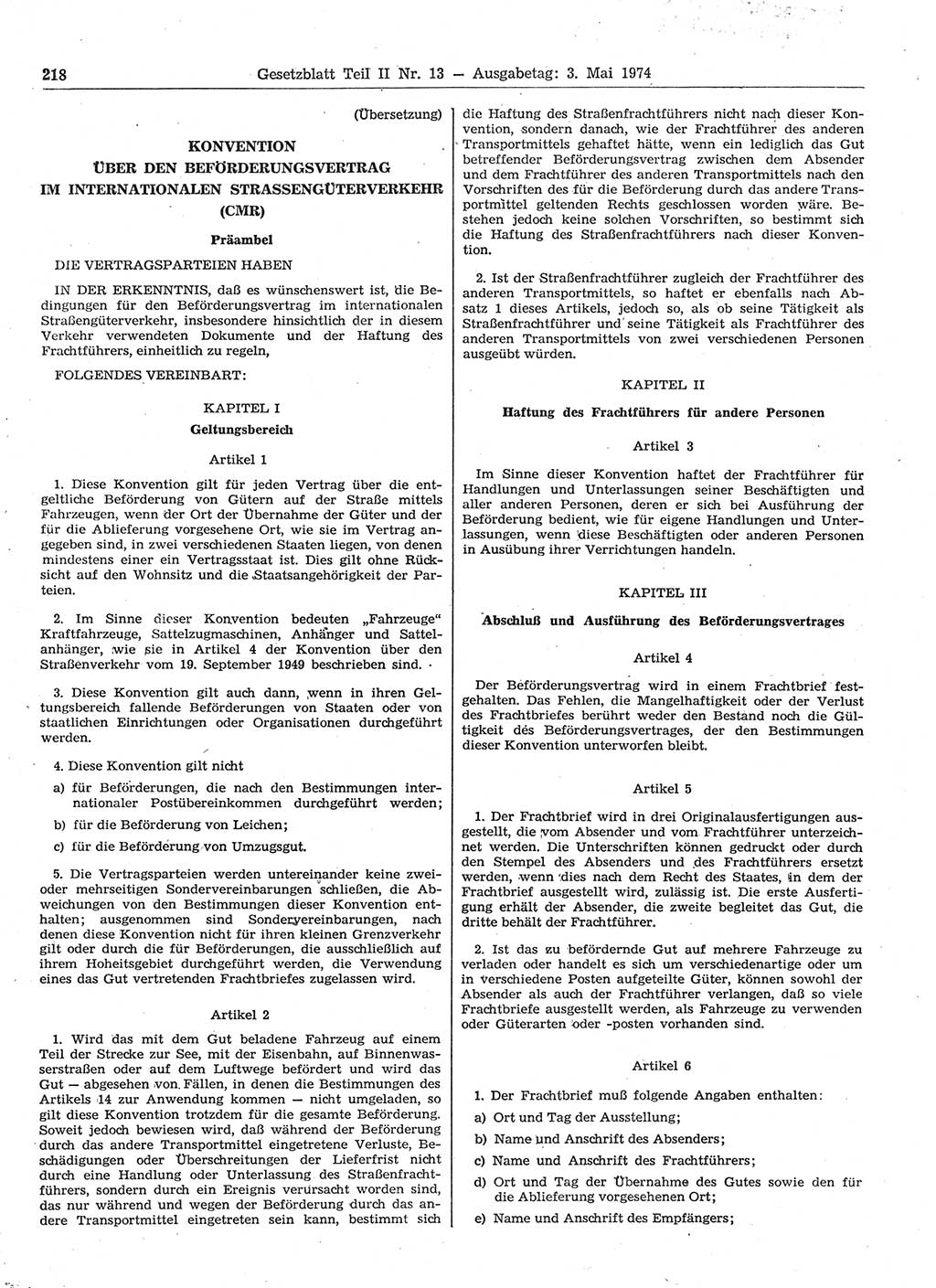 Gesetzblatt (GBl.) der Deutschen Demokratischen Republik (DDR) Teil ⅠⅠ 1974, Seite 218 (GBl. DDR ⅠⅠ 1974, S. 218)