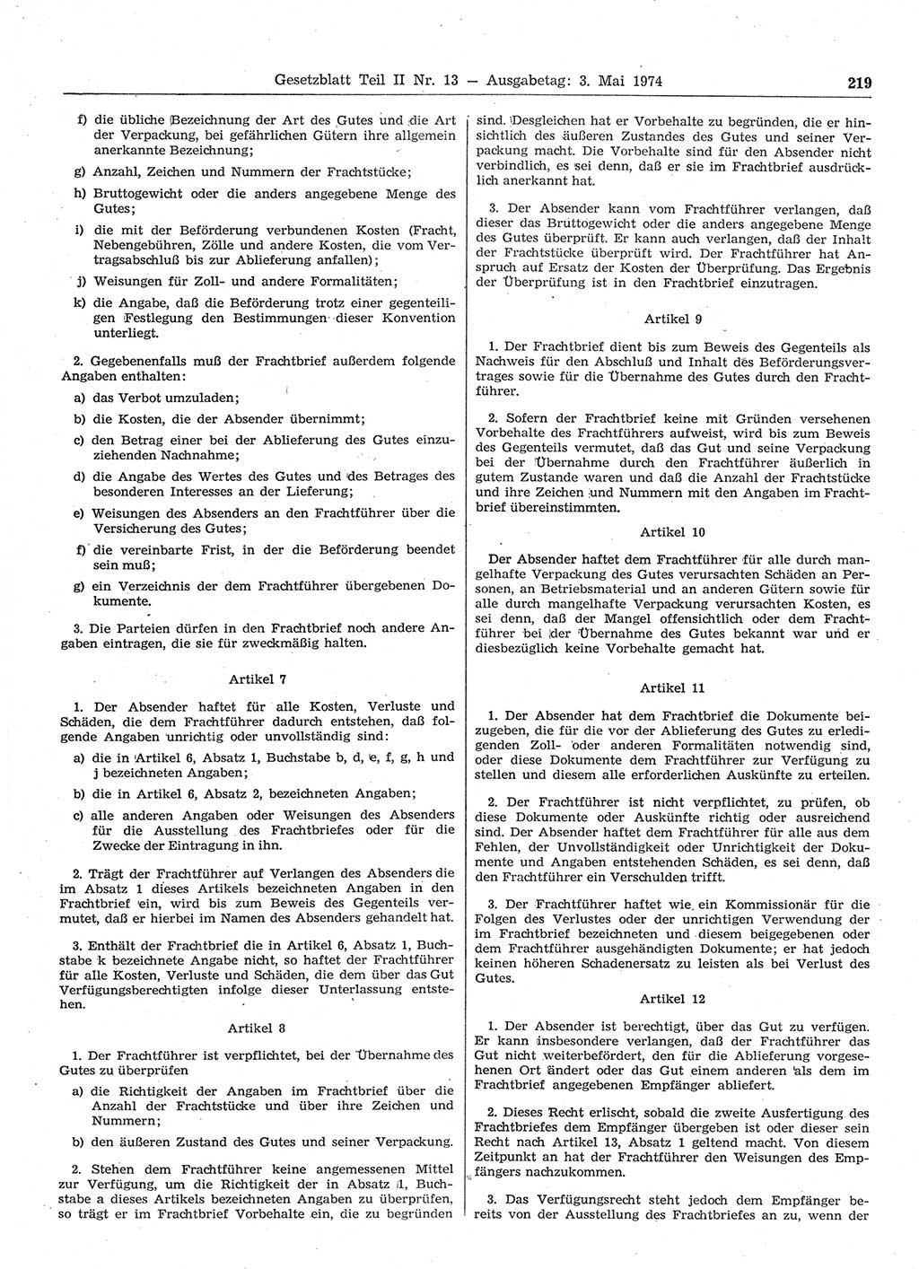 Gesetzblatt (GBl.) der Deutschen Demokratischen Republik (DDR) Teil ⅠⅠ 1974, Seite 219 (GBl. DDR ⅠⅠ 1974, S. 219)