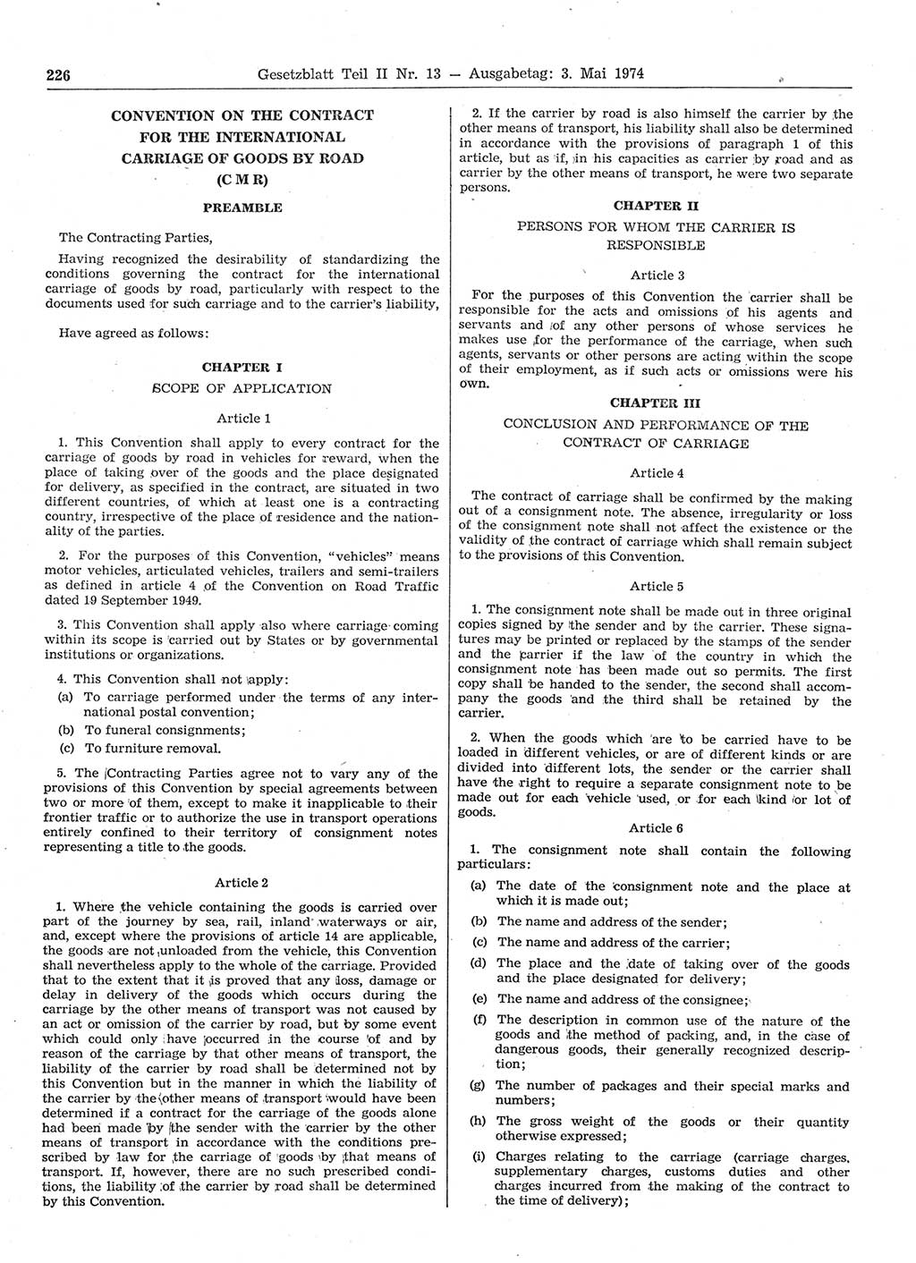 Gesetzblatt (GBl.) der Deutschen Demokratischen Republik (DDR) Teil ⅠⅠ 1974, Seite 226 (GBl. DDR ⅠⅠ 1974, S. 226)