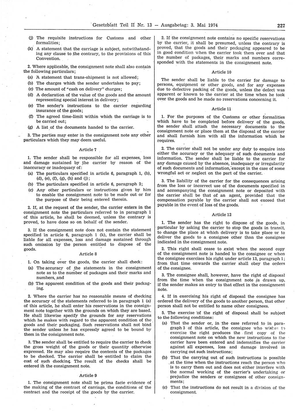 Gesetzblatt (GBl.) der Deutschen Demokratischen Republik (DDR) Teil ⅠⅠ 1974, Seite 227 (GBl. DDR ⅠⅠ 1974, S. 227)