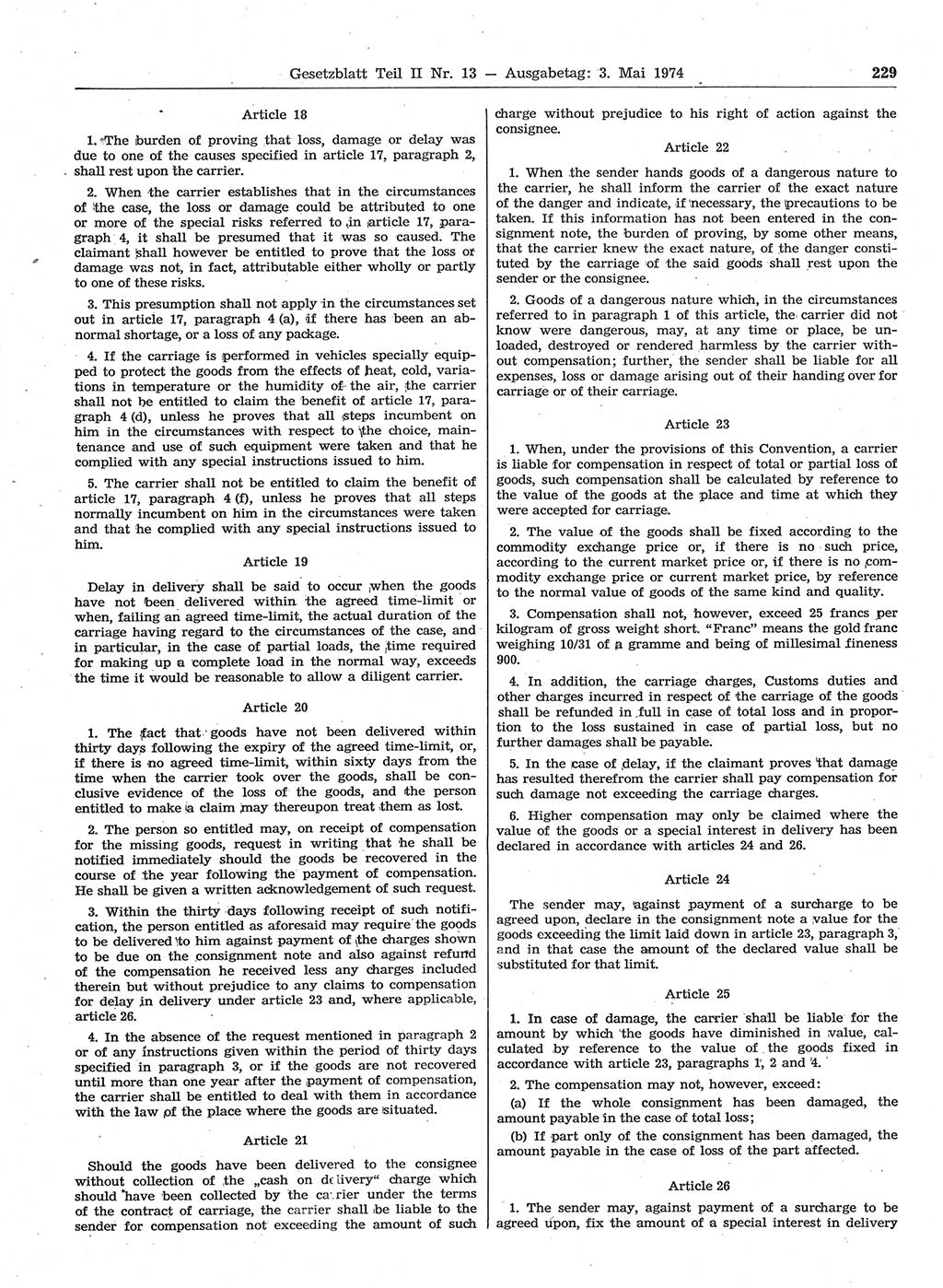 Gesetzblatt (GBl.) der Deutschen Demokratischen Republik (DDR) Teil ⅠⅠ 1974, Seite 229 (GBl. DDR ⅠⅠ 1974, S. 229)