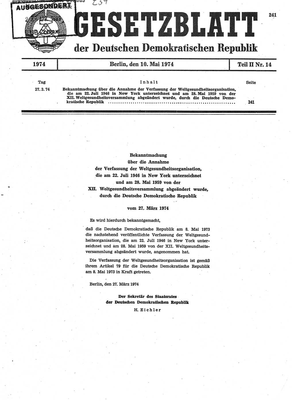 Gesetzblatt (GBl.) der Deutschen Demokratischen Republik (DDR) Teil ⅠⅠ 1974, Seite 241 (GBl. DDR ⅠⅠ 1974, S. 241)