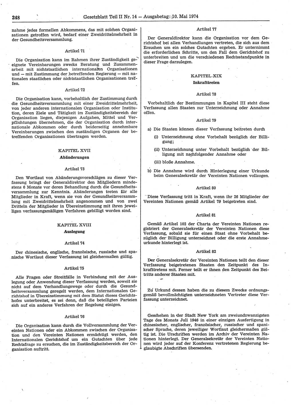 Gesetzblatt (GBl.) der Deutschen Demokratischen Republik (DDR) Teil ⅠⅠ 1974, Seite 248 (GBl. DDR ⅠⅠ 1974, S. 248)