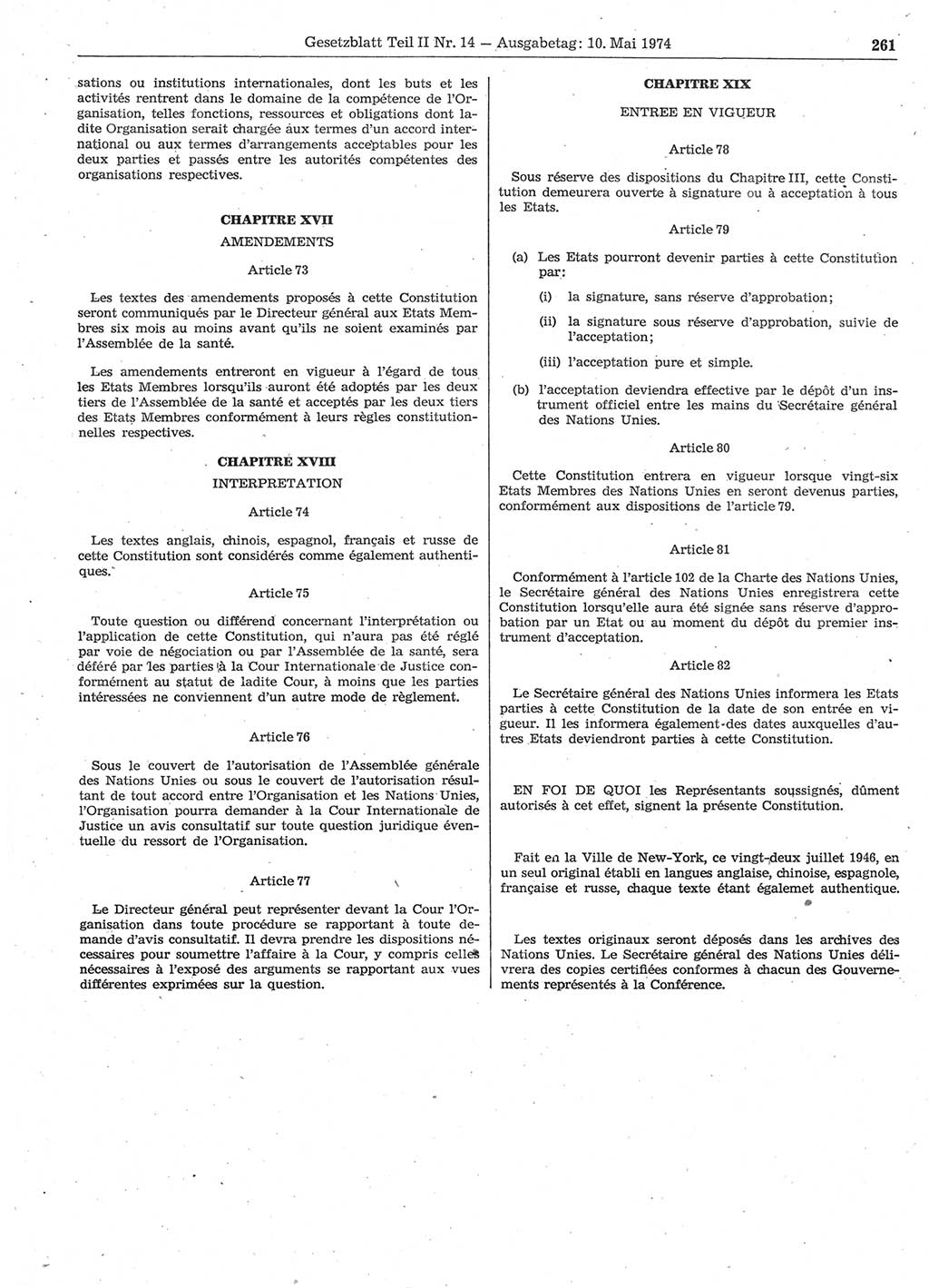 Gesetzblatt (GBl.) der Deutschen Demokratischen Republik (DDR) Teil ⅠⅠ 1974, Seite 261 (GBl. DDR ⅠⅠ 1974, S. 261)