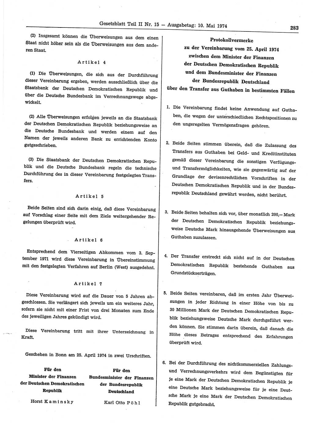 Gesetzblatt (GBl.) der Deutschen Demokratischen Republik (DDR) Teil ⅠⅠ 1974, Seite 283 (GBl. DDR ⅠⅠ 1974, S. 283)