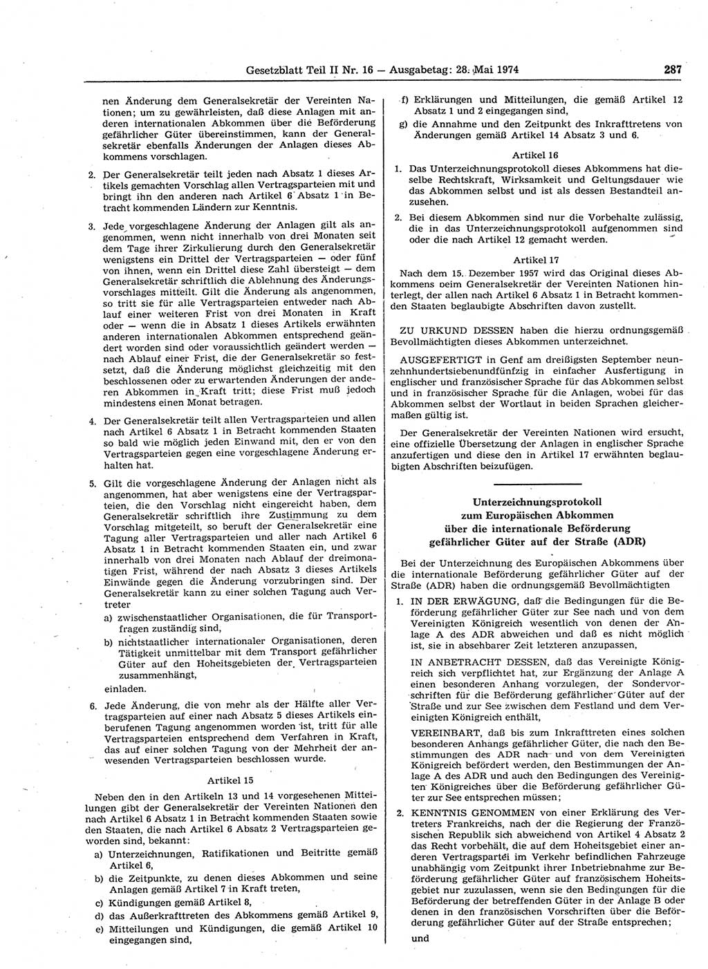 Gesetzblatt (GBl.) der Deutschen Demokratischen Republik (DDR) Teil ⅠⅠ 1974, Seite 287 (GBl. DDR ⅠⅠ 1974, S. 287)