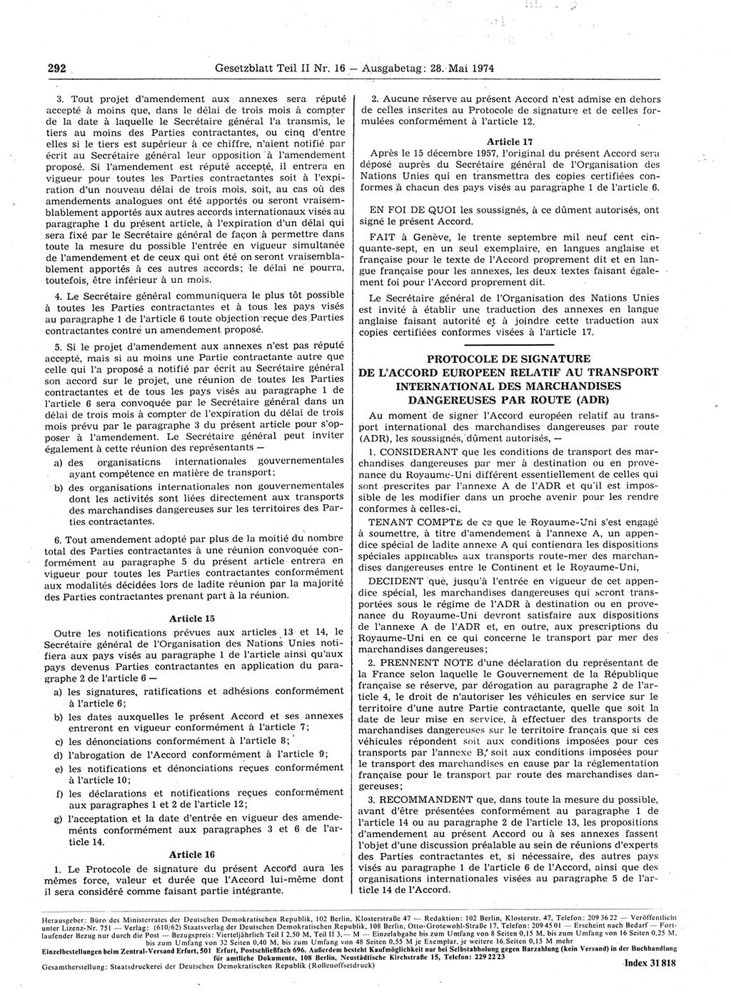 Gesetzblatt (GBl.) der Deutschen Demokratischen Republik (DDR) Teil ⅠⅠ 1974, Seite 292 (GBl. DDR ⅠⅠ 1974, S. 292)