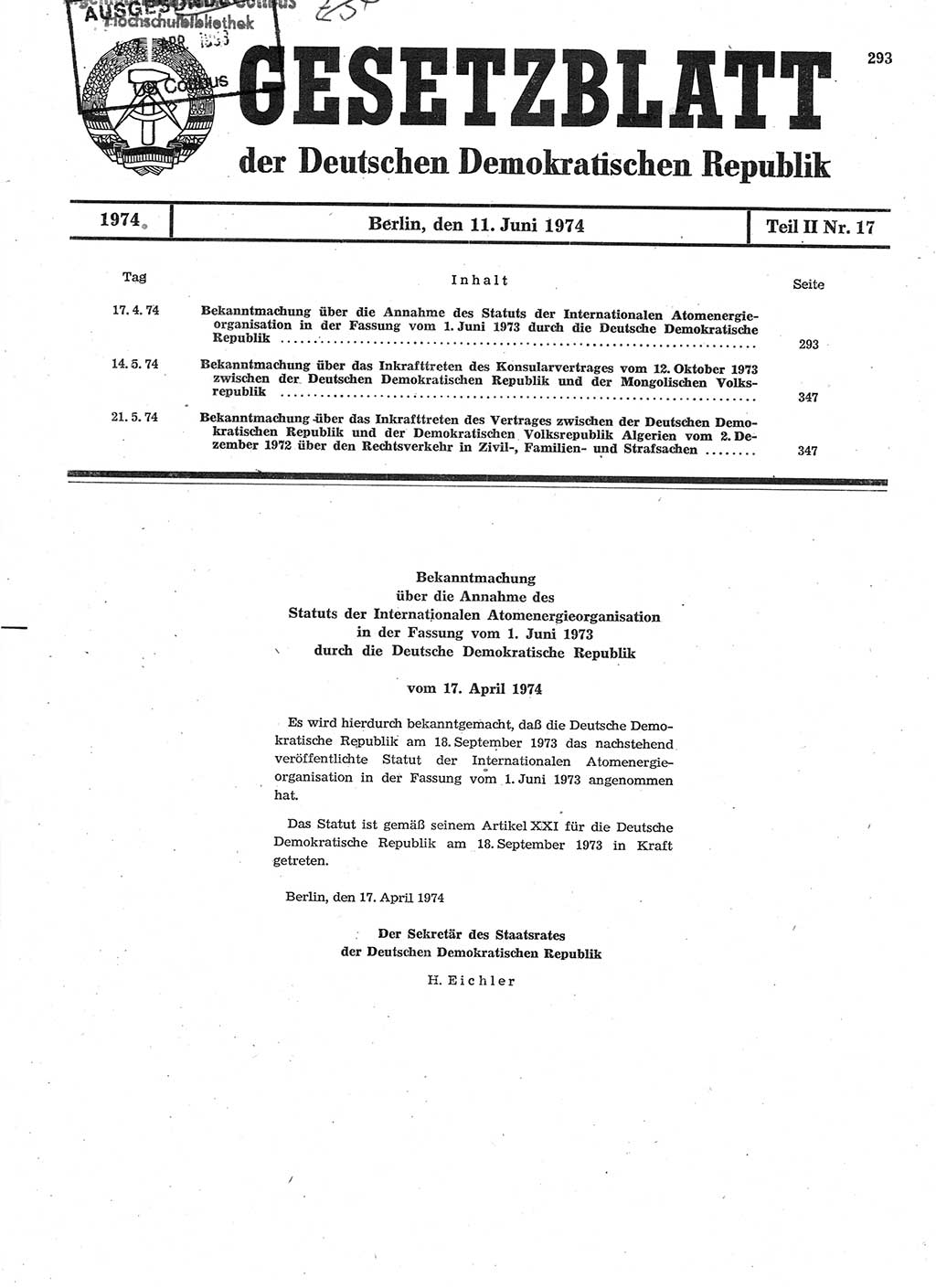 Gesetzblatt (GBl.) der Deutschen Demokratischen Republik (DDR) Teil ⅠⅠ 1974, Seite 293 (GBl. DDR ⅠⅠ 1974, S. 293)