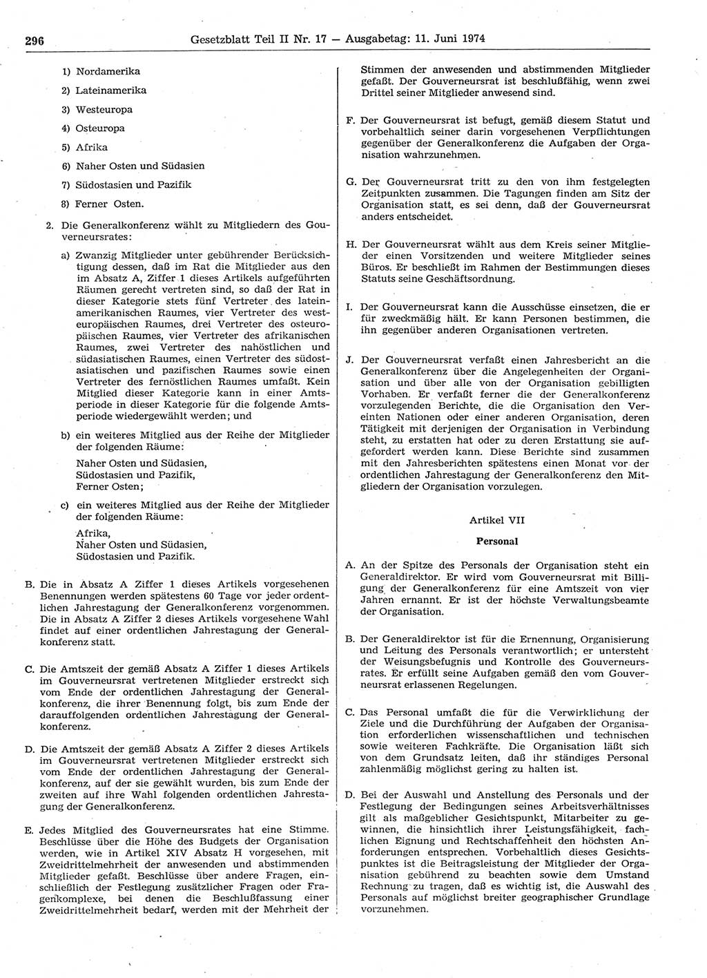 Gesetzblatt (GBl.) der Deutschen Demokratischen Republik (DDR) Teil ⅠⅠ 1974, Seite 296 (GBl. DDR ⅠⅠ 1974, S. 296)