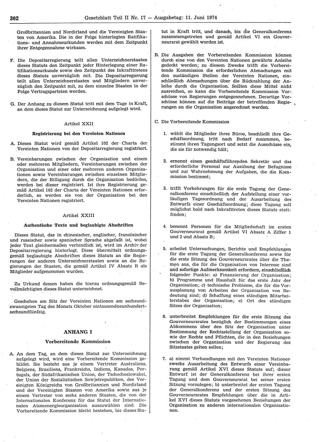 Gesetzblatt (GBl.) der Deutschen Demokratischen Republik (DDR) Teil ⅠⅠ 1974, Seite 302 (GBl. DDR ⅠⅠ 1974, S. 302)