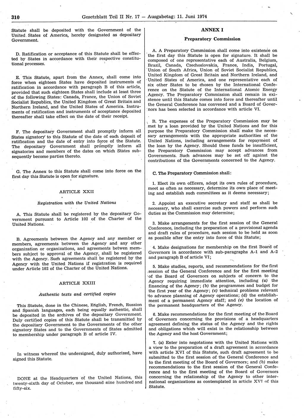 Gesetzblatt (GBl.) der Deutschen Demokratischen Republik (DDR) Teil ⅠⅠ 1974, Seite 310 (GBl. DDR ⅠⅠ 1974, S. 310)
