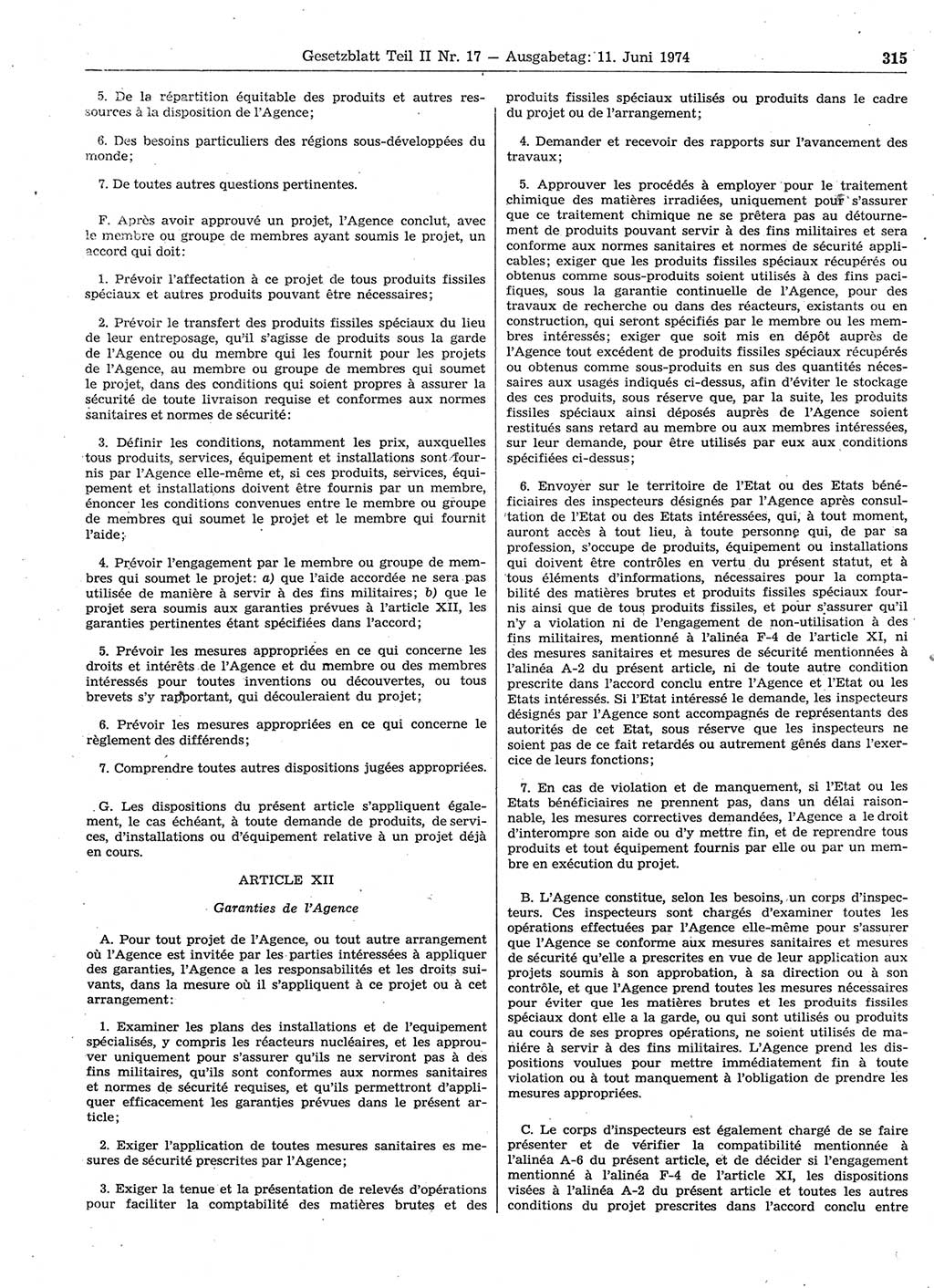 Gesetzblatt (GBl.) der Deutschen Demokratischen Republik (DDR) Teil ⅠⅠ 1974, Seite 315 (GBl. DDR ⅠⅠ 1974, S. 315)